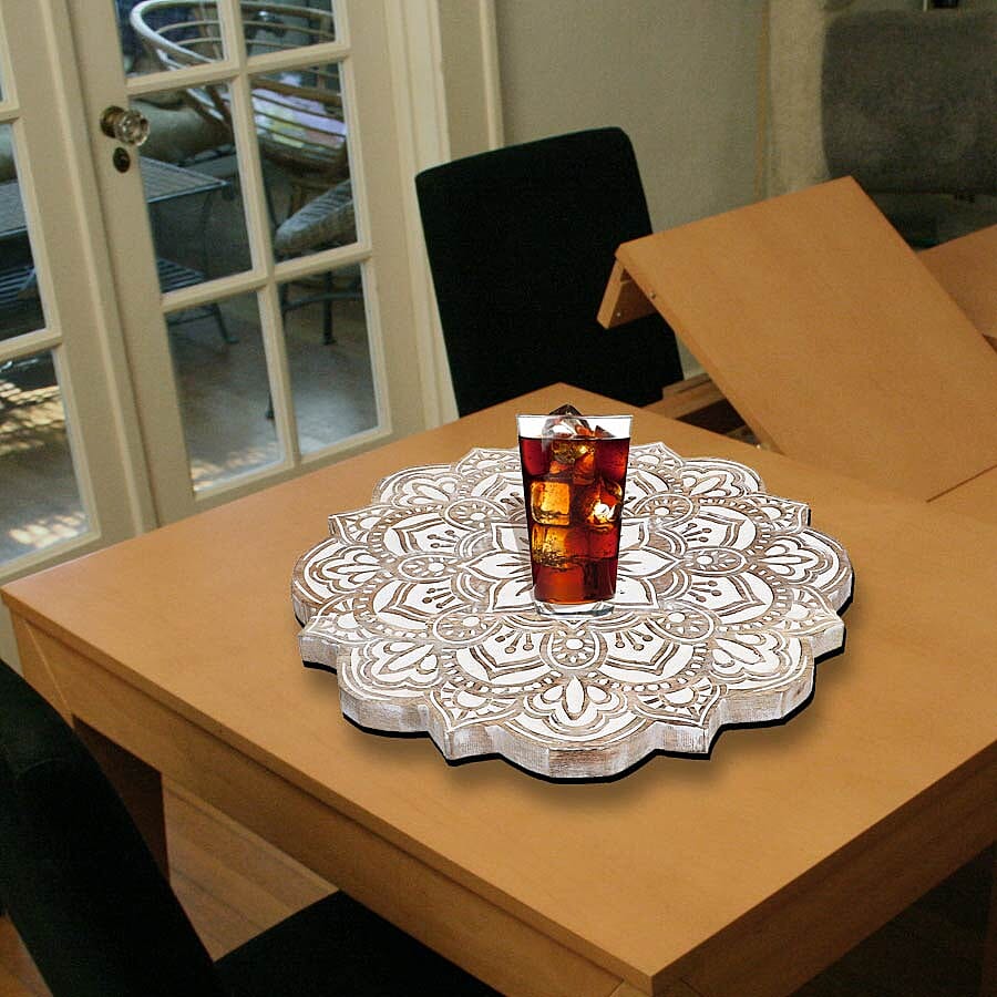 NAKKASHI - Saharanpur Collection - Hand Carved Lazy Susan Solid Wood Rotating Tray. Sun Shape