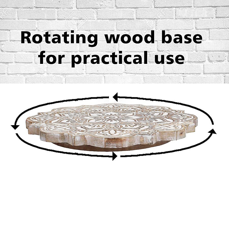 NAKKASHI - Saharanpur Collection - Hand Carved Lazy Susan Solid Wood Rotating Tray. Sun Shape