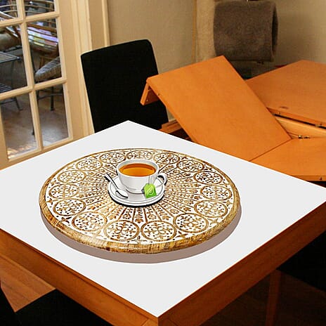 Handmade - Hand Carved Mango Wood Rotating Tray (Dia 40, Weight 7.09lbs)