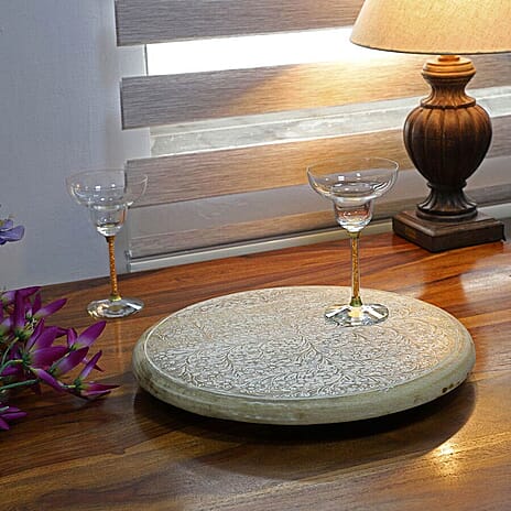 Handmade - Hand Carved Rotating Mango Wood Tray (Dia 40cm, Weight 4.40 lbs)