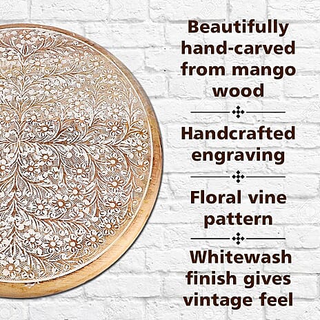 Handmade - Hand Carved Rotating Mango Wood Tray (Dia 40cm, Weight 4.40 lbs)