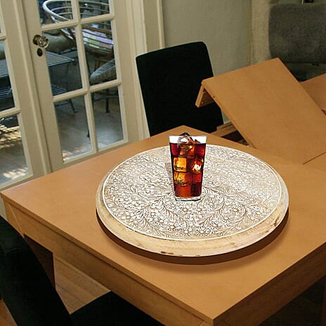 Handmade - Hand Carved Rotating Mango Wood Tray (Dia 40cm, Weight 4.40 lbs)