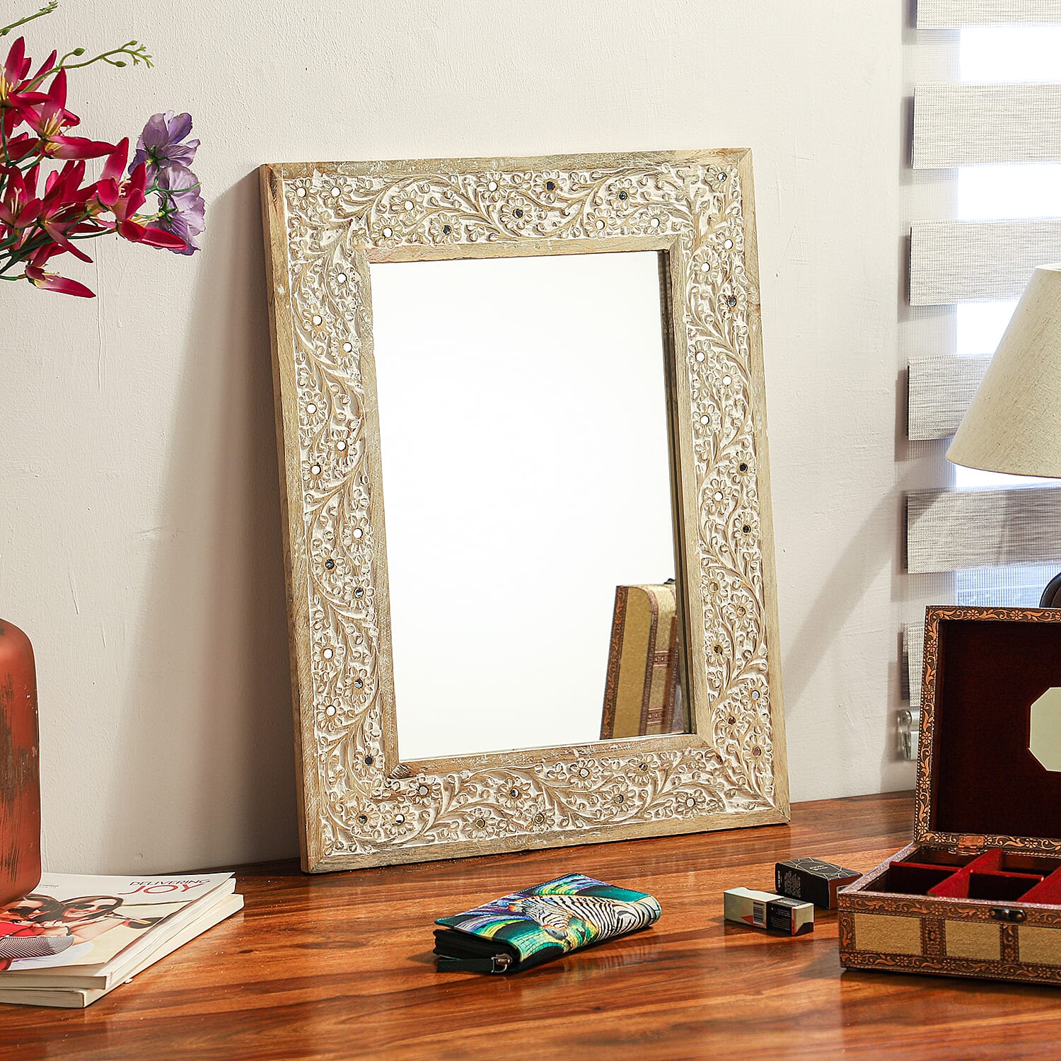 NAKKASHI - Handmade and Hand Carved Wooden Mirror (Size 61x46x2 Cm)