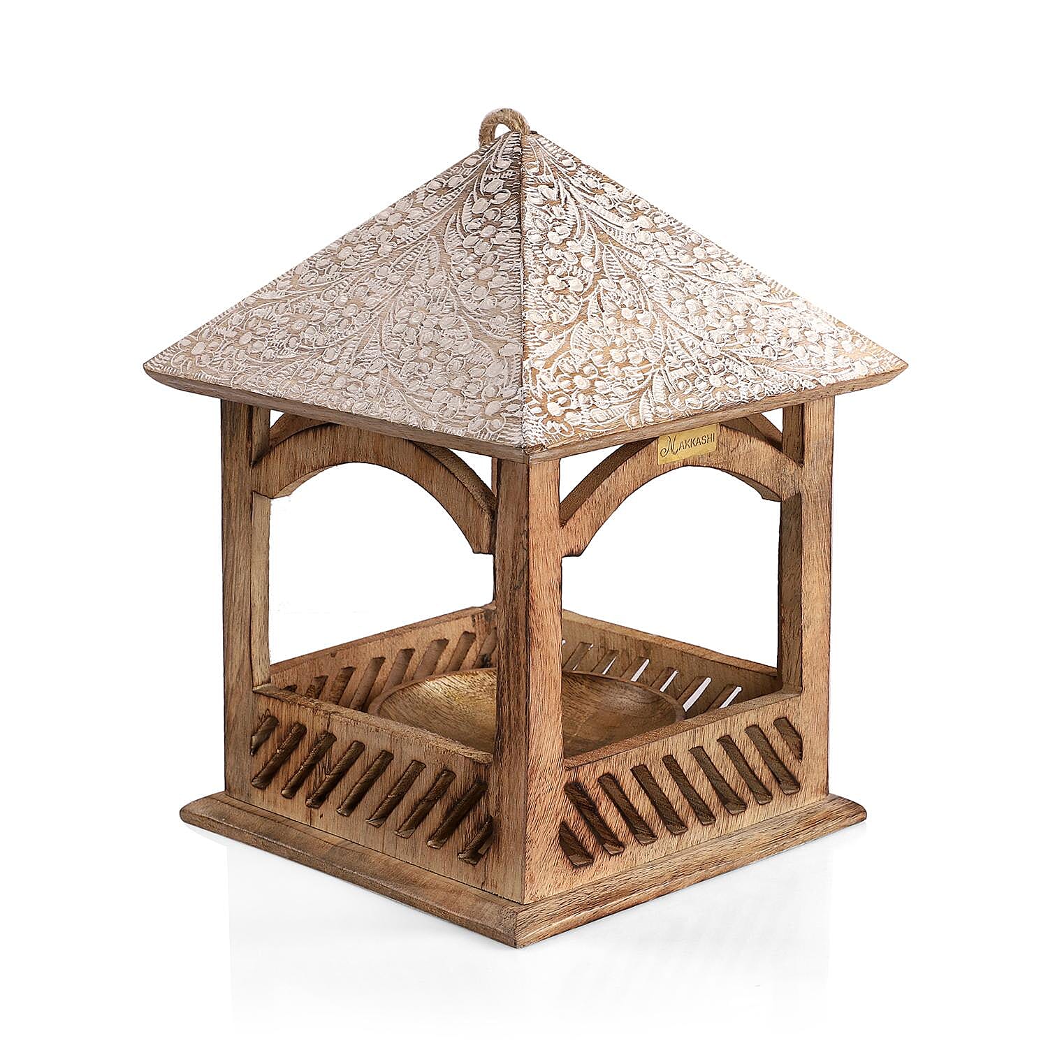 Handmade Mango Wood Carved Hanging Bird Feeder - Natural & White Finish