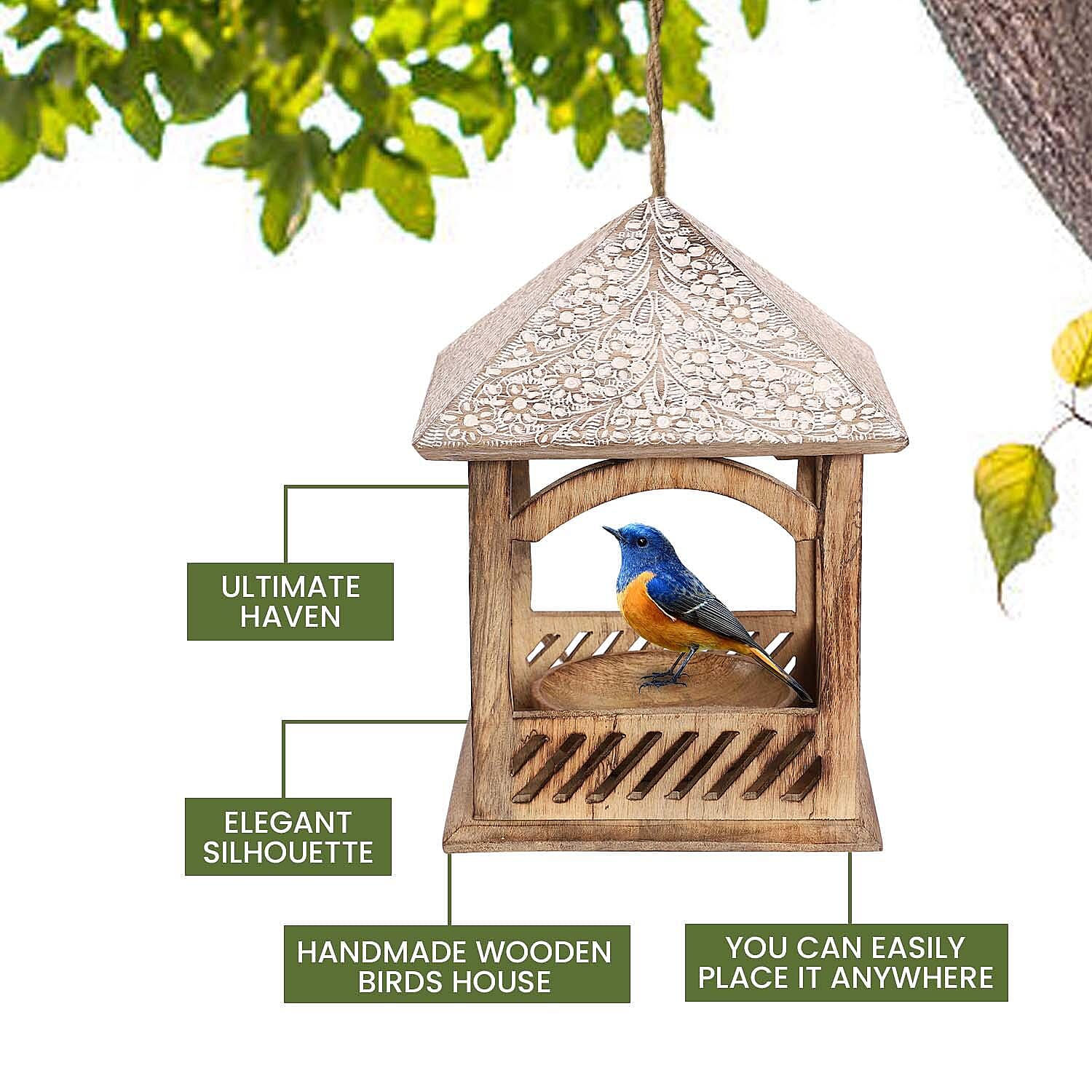 Handmade Mango Wood Carved Hanging Bird Feeder - Natural & White Finish