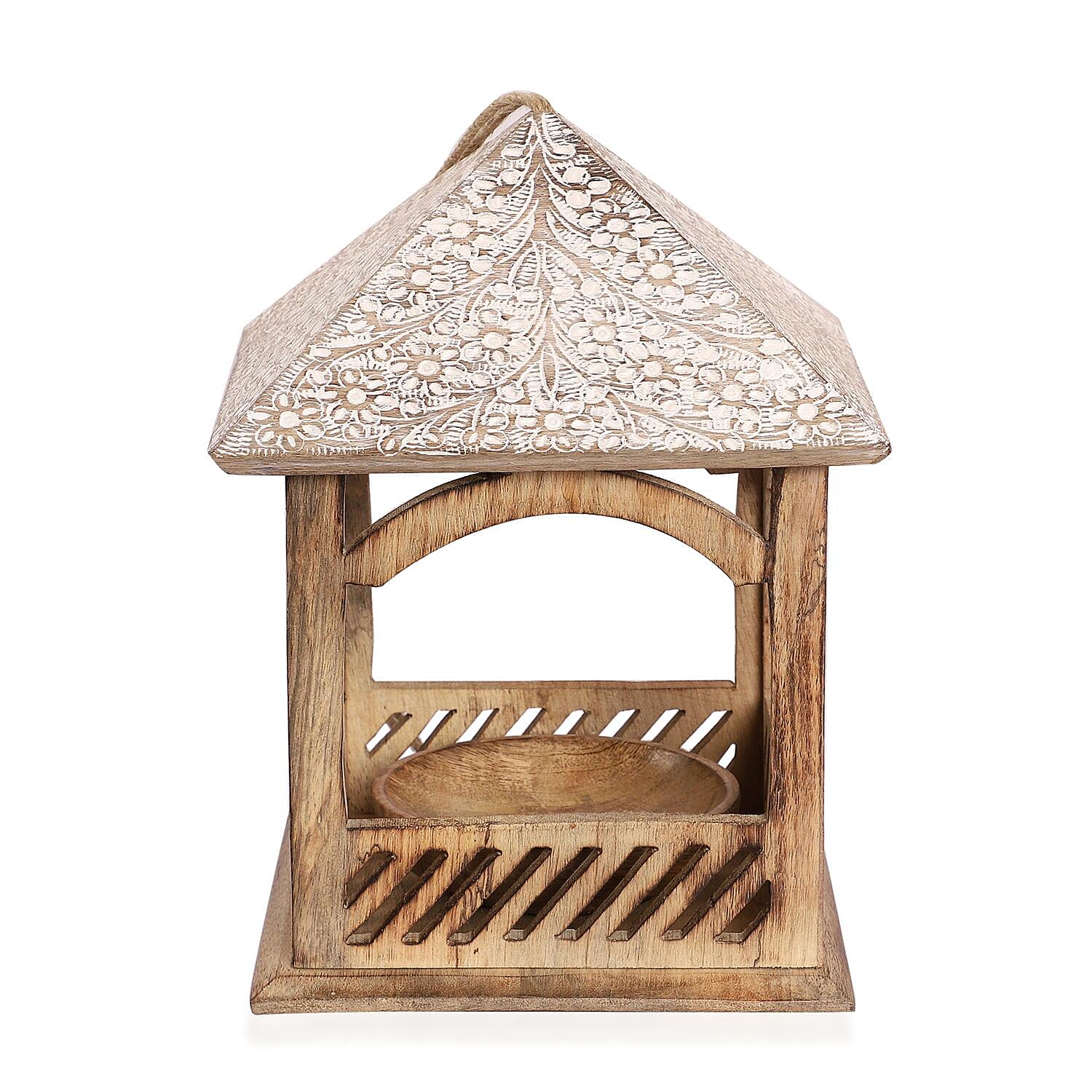 Handmade Mango Wood Carved Hanging Bird Feeder - Natural & White Finish