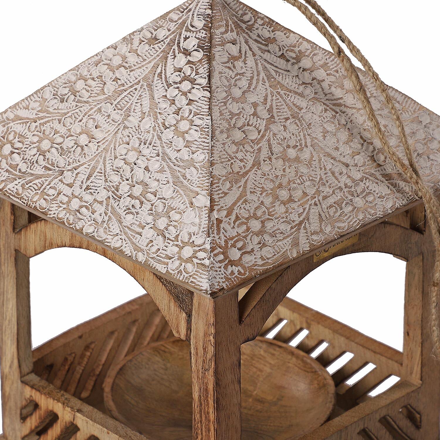 Handmade Mango Wood Carved Hanging Bird Feeder - Natural & White Finish