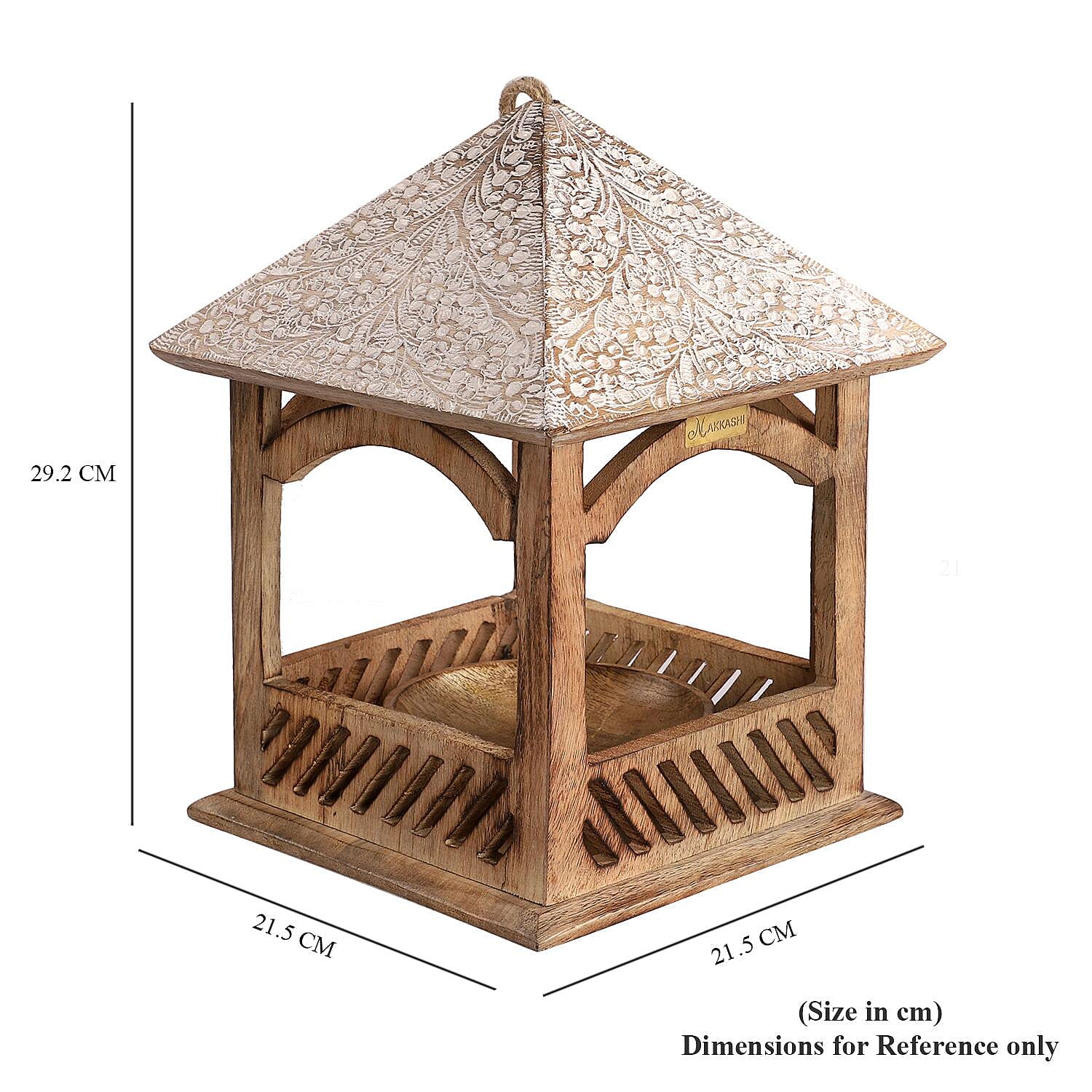 Handmade Mango Wood Carved Hanging Bird Feeder - Natural & White Finish