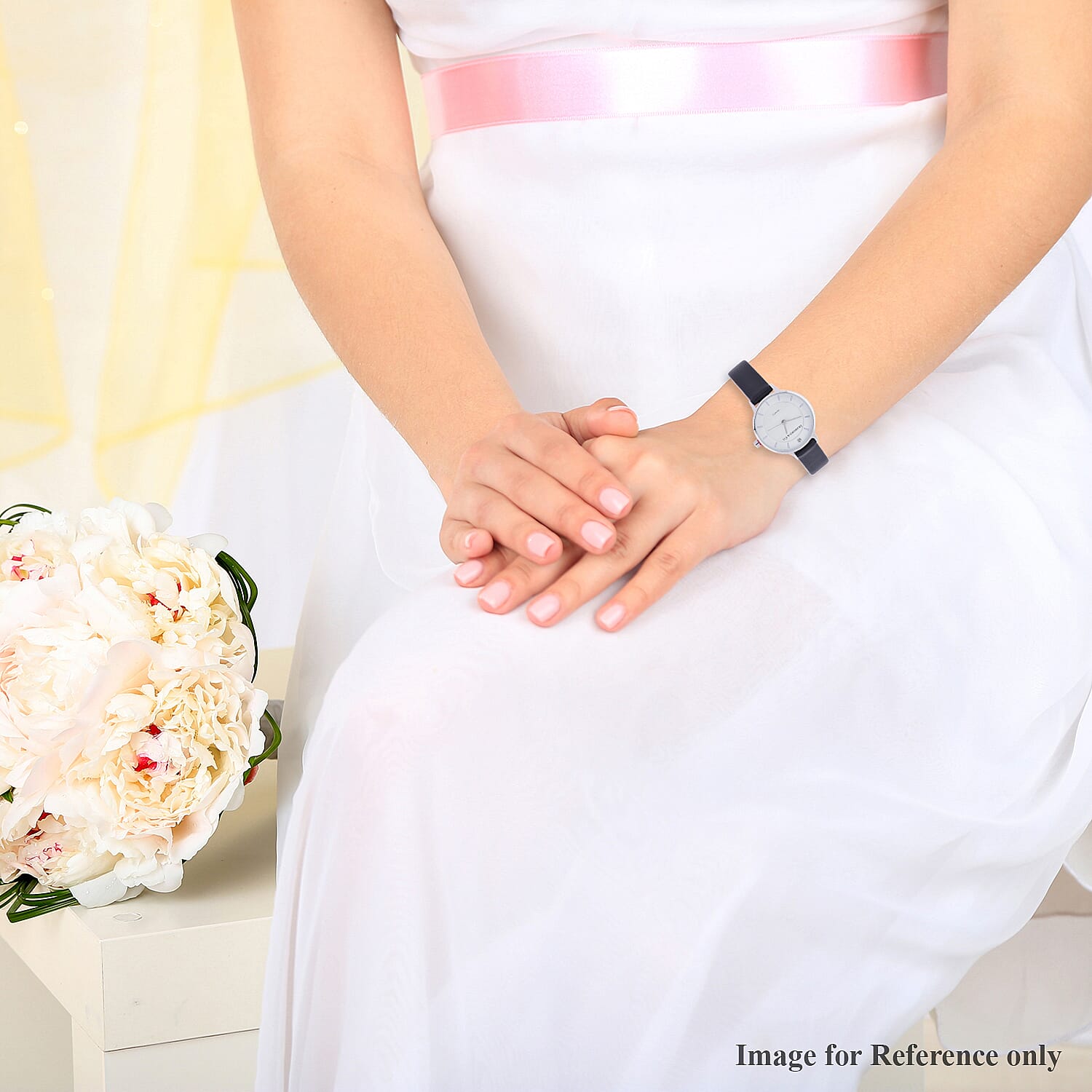 DIAMOND & CO LONDON- Diamond Studded Watch with Black Genuine Leather Strap and Silver Tone Dial