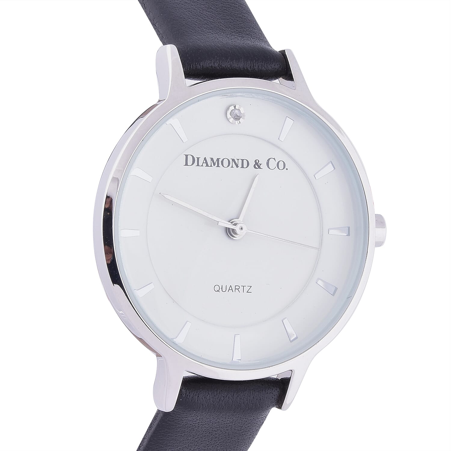 DIAMOND & CO LONDON- Diamond Studded Watch with Black Genuine Leather Strap and Silver Tone Dial