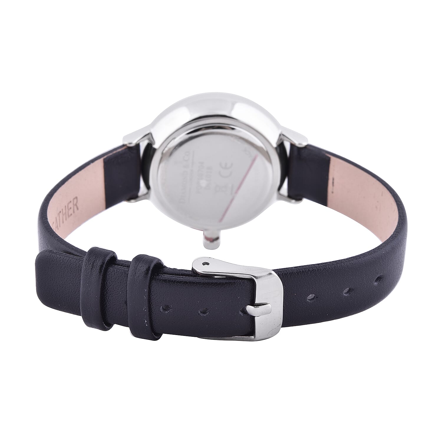 DIAMOND & CO LONDON- Diamond Studded Watch with Black Genuine Leather Strap and Silver Tone Dial