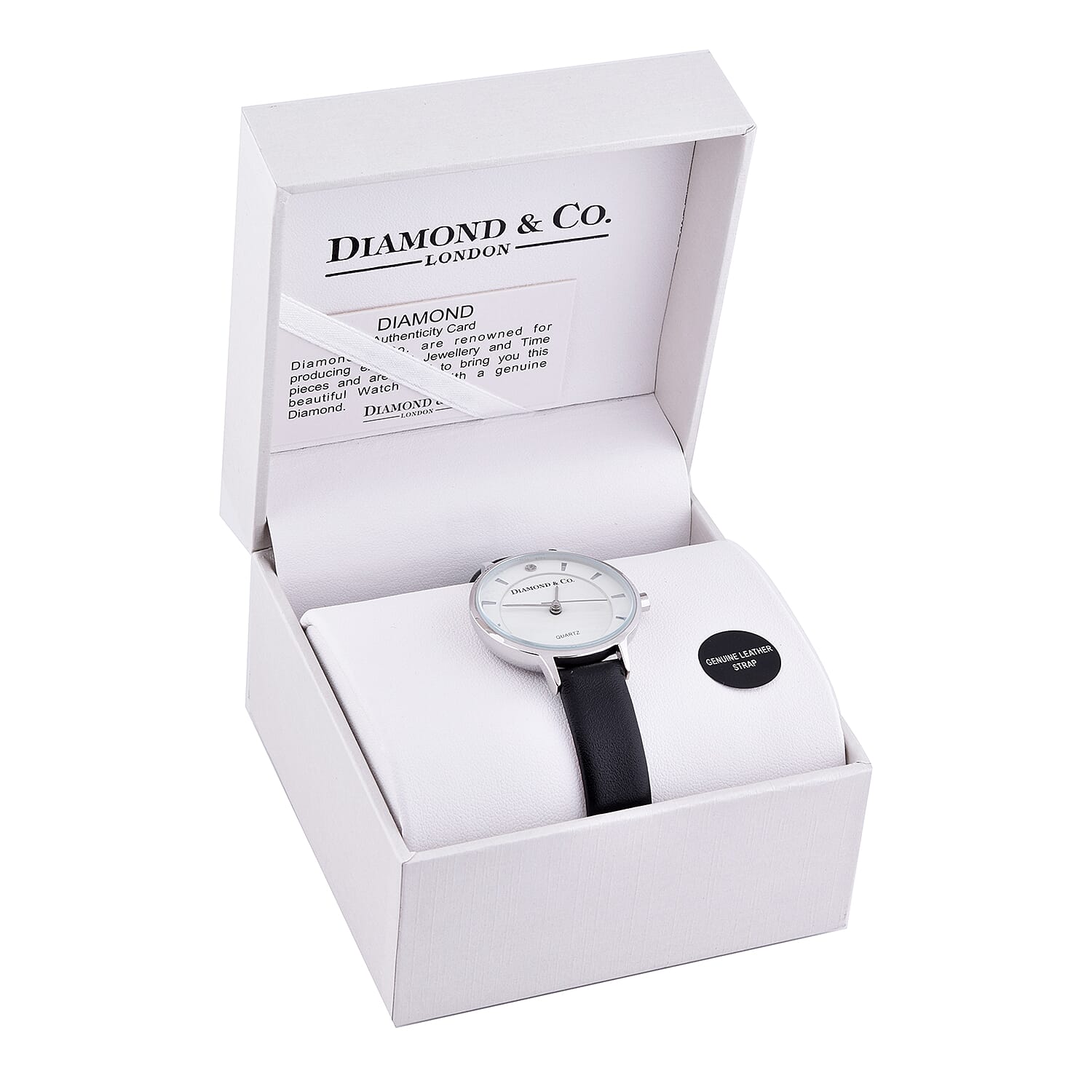 DIAMOND & CO LONDON- Diamond Studded Watch with Black Genuine Leather Strap and Silver Tone Dial