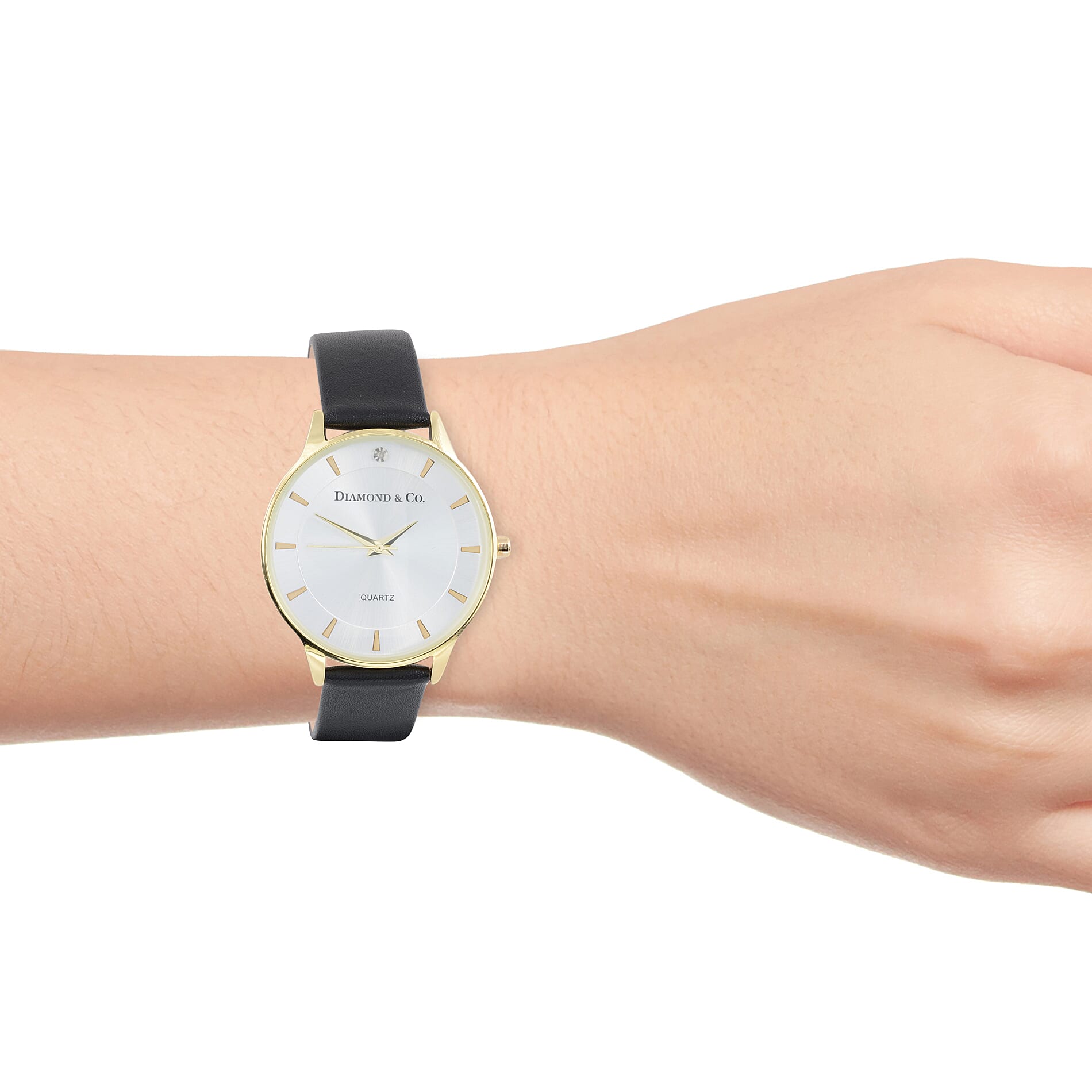 DIAMOND & CO LONDON- Diamond Studded Watch with Black Leather Strap - Gold Tone