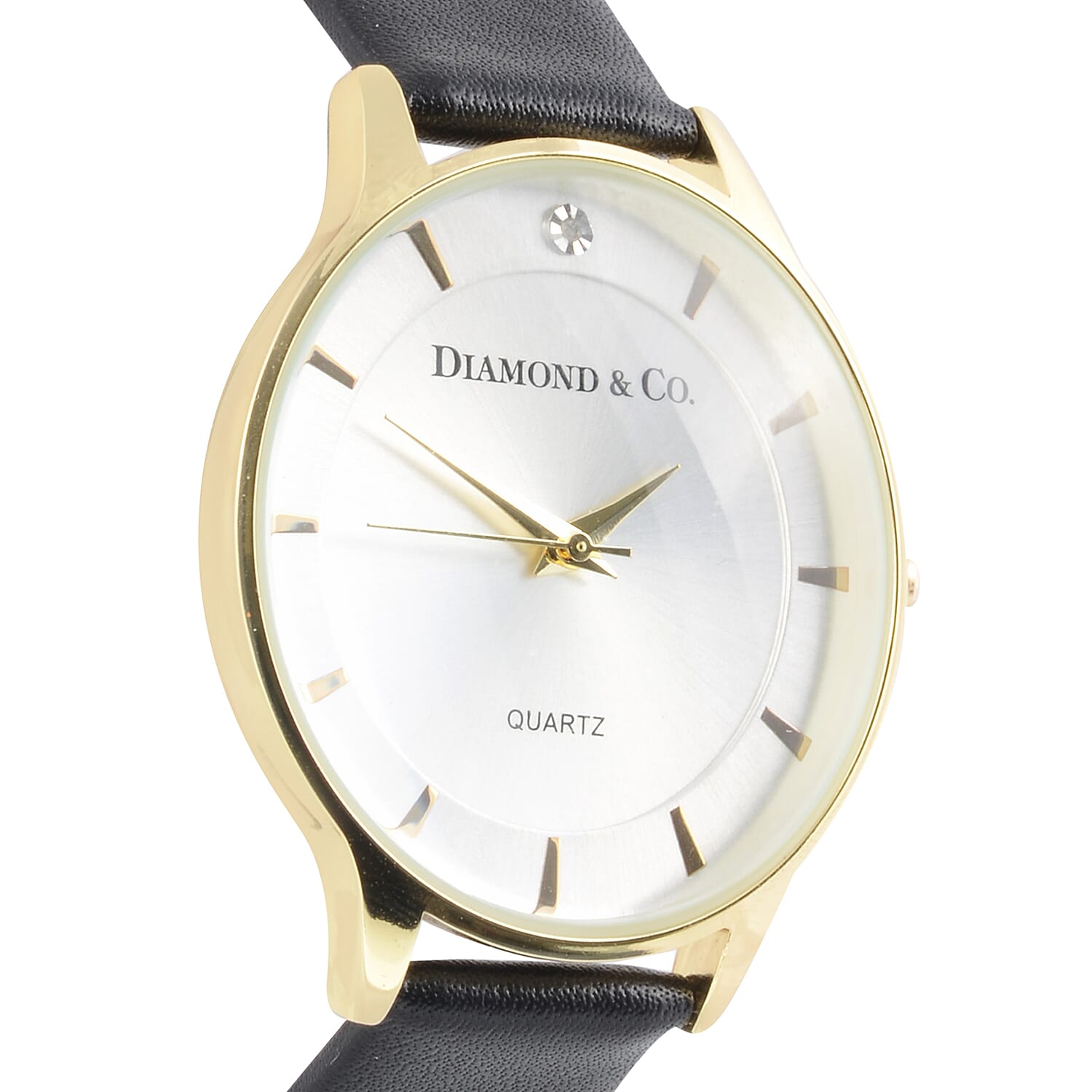DIAMOND & CO LONDON- Diamond Studded Watch with Black Leather Strap - Gold Tone