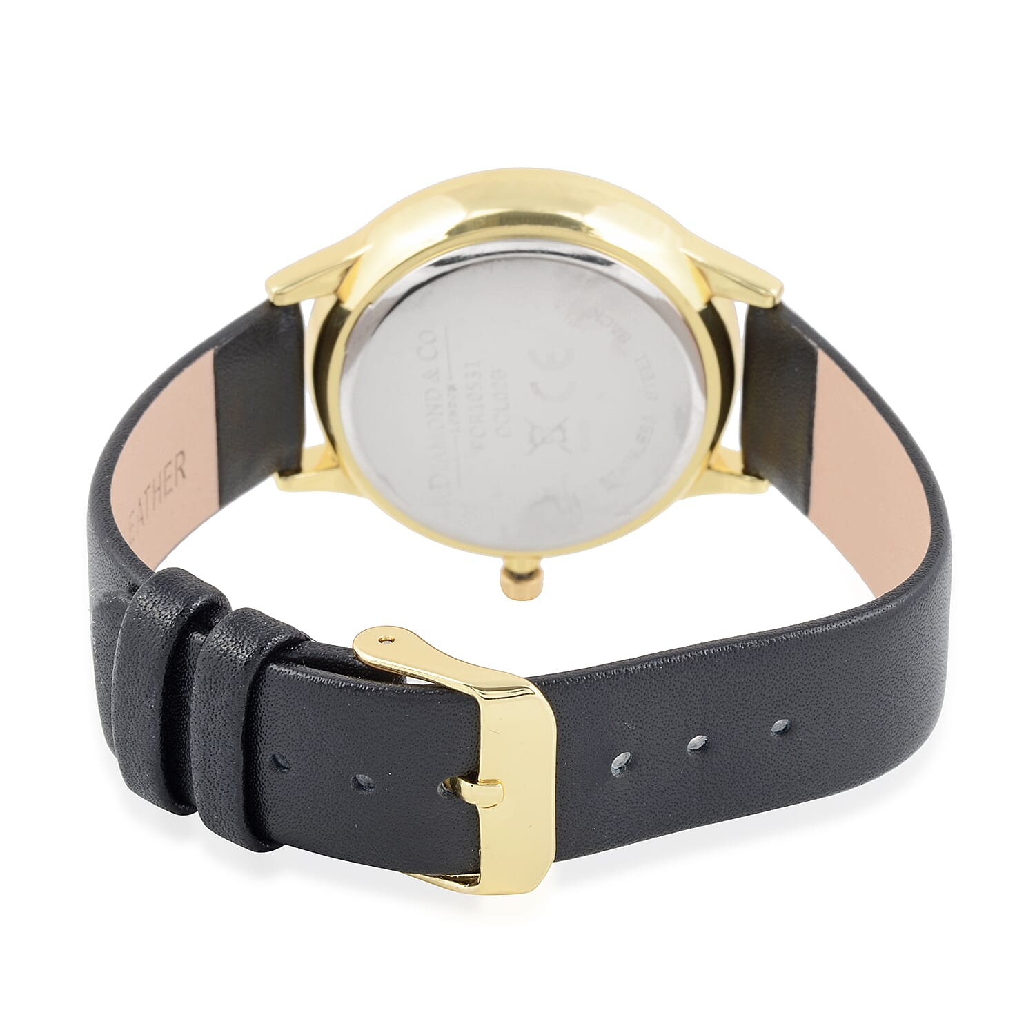DIAMOND & CO LONDON- Diamond Studded Watch with Black Leather Strap - Gold Tone