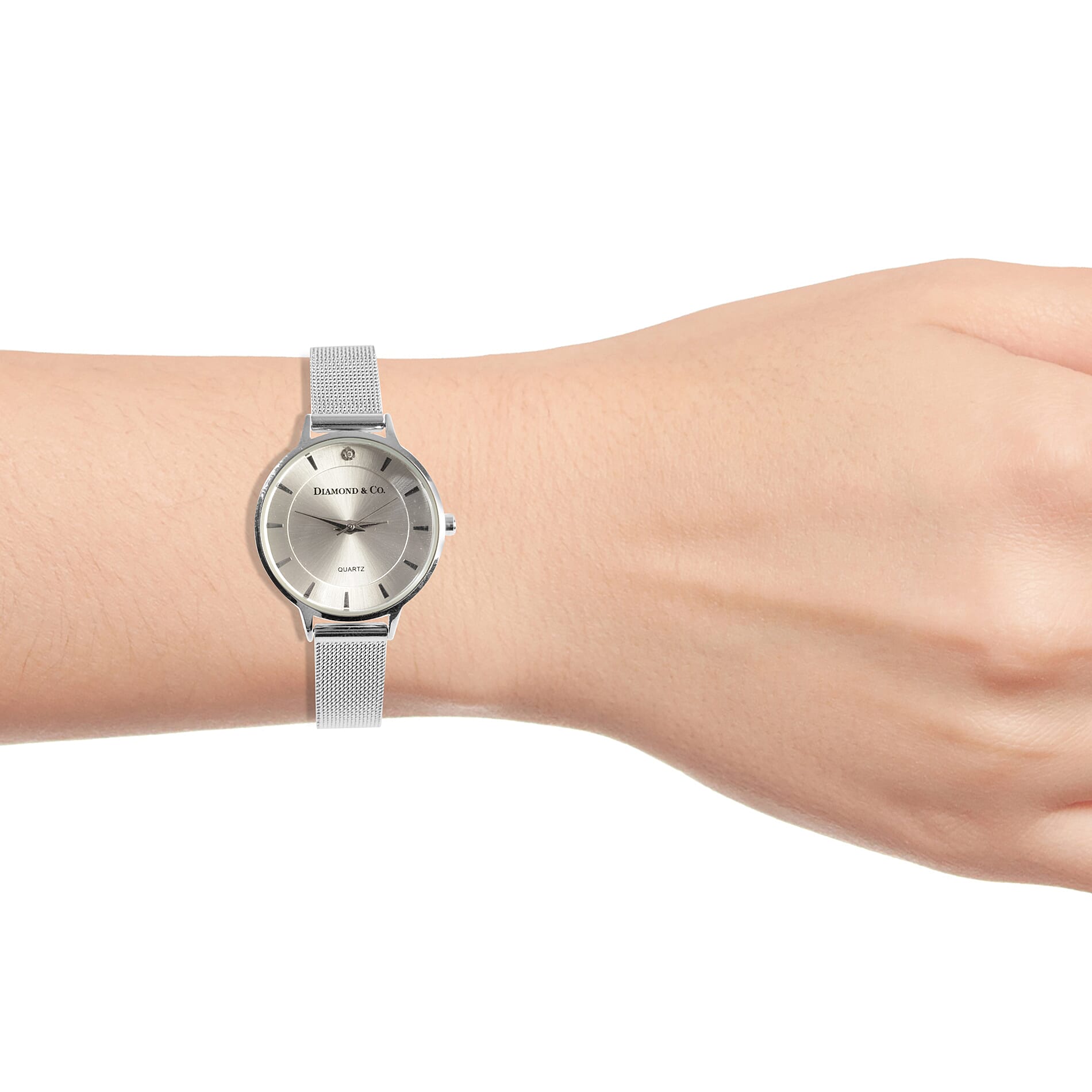 DIAMOND & CO LONDON- Diamond Studded Watch with Mesh Style Strap - Silver Tone