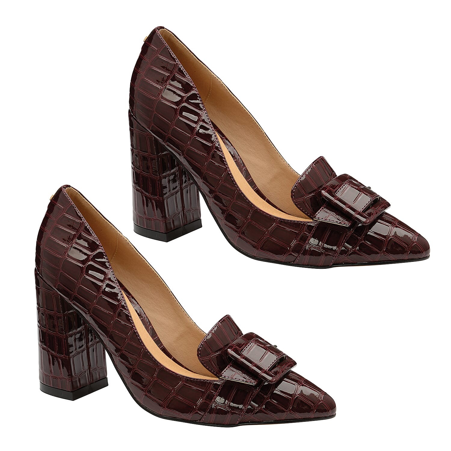 Ravel Burgundy Croc-Print Lincoln Block Heeled Court Shoes