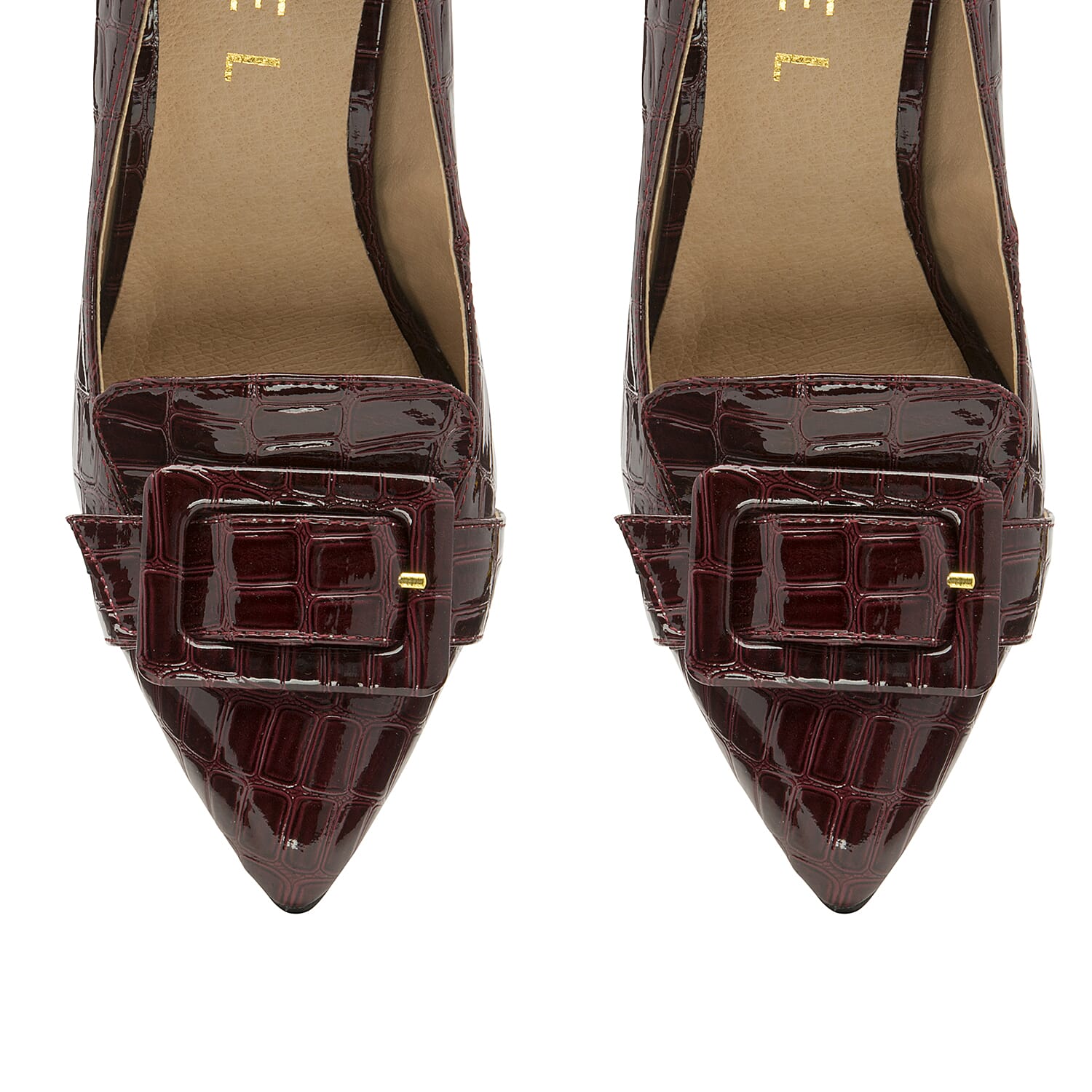 Ravel Burgundy Croc-Print Lincoln Block Heeled Court Shoes