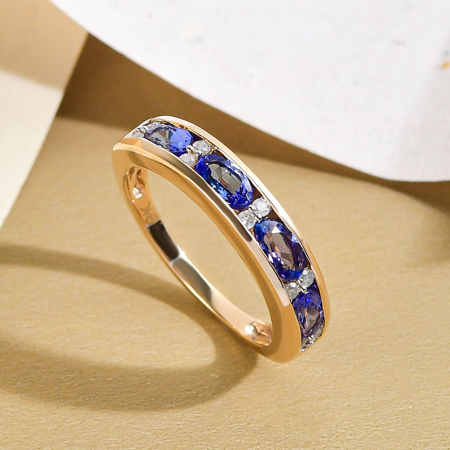 9K Yellow Gold AA Tanzanite (Ovl 5x3mm) and Diamond Band Ring 1.10 Ct.