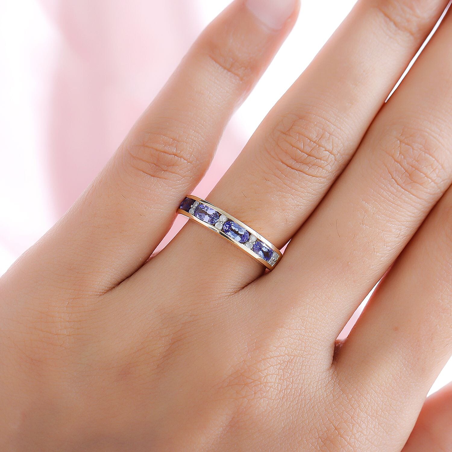 9K Yellow Gold AA Tanzanite (Ovl 5x3mm) and Diamond Band Ring 1.10 Ct.