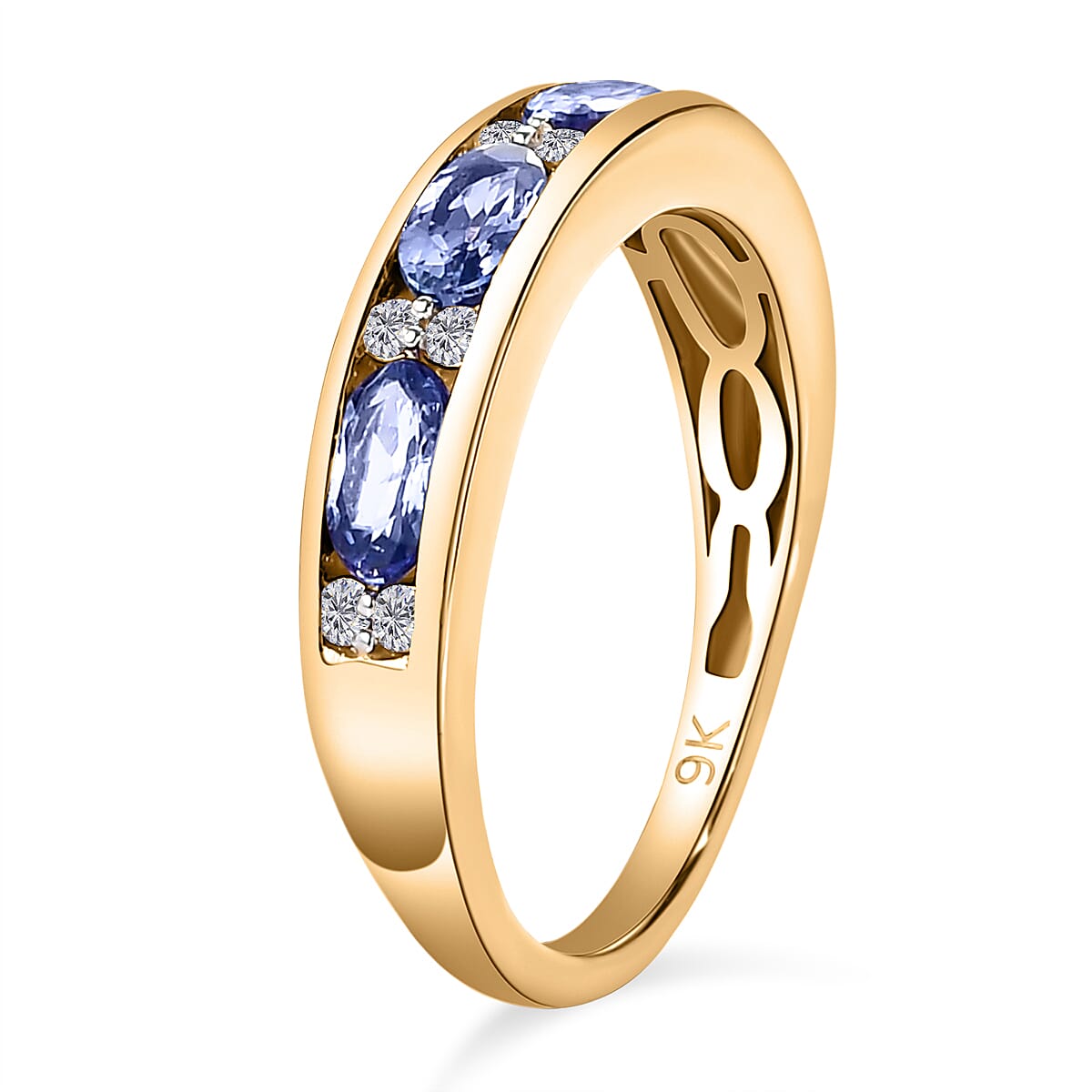 9K Yellow Gold AA Tanzanite (Ovl 5x3mm) and Diamond Band Ring 1.10 Ct.