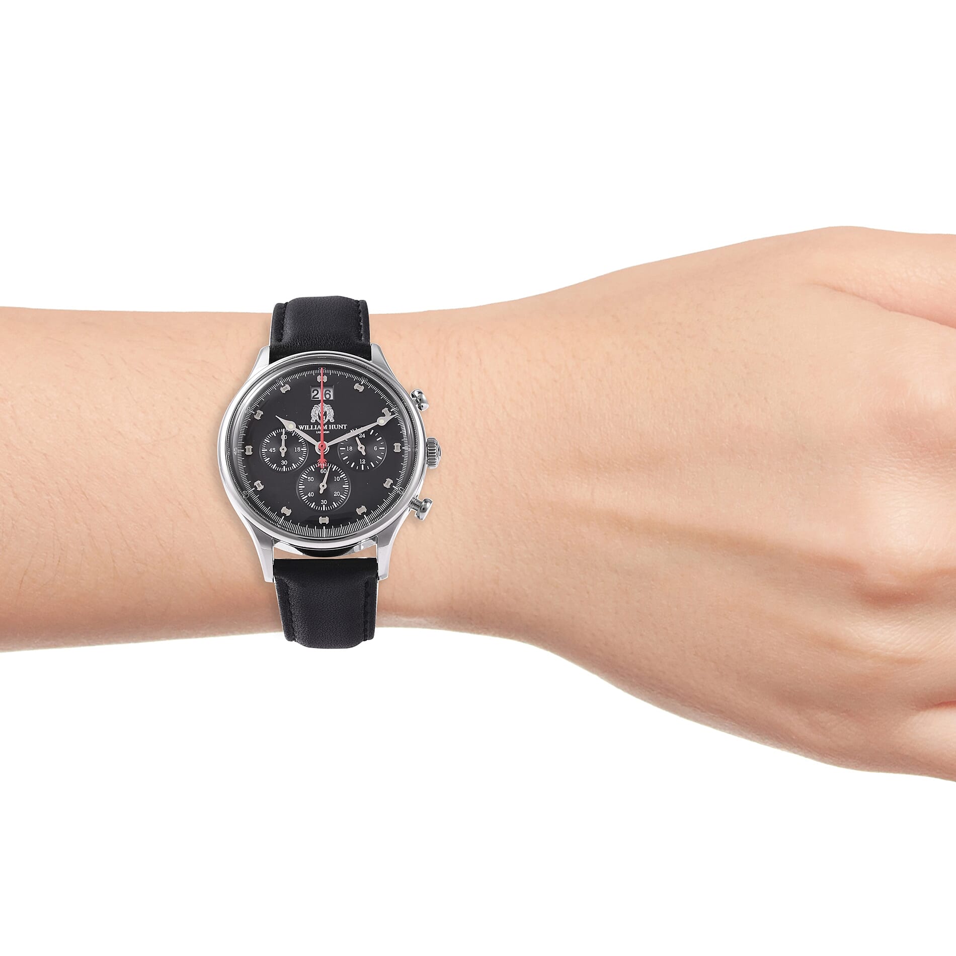 WILLIAM HUNT Japanese Movement Water Resistance Watch in Stainless Steel with Black Leather Strap