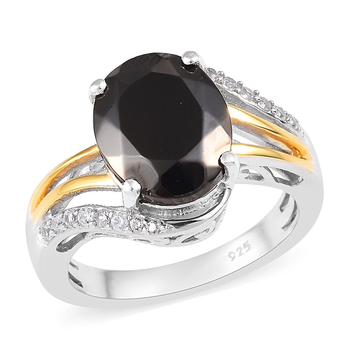 Elite Shungite (Ovl 11x9 mm), Natural Cambodian Zircon Ring in Platinum and Yellow Gold Overlay Sterling Silver 2.25 Ct.