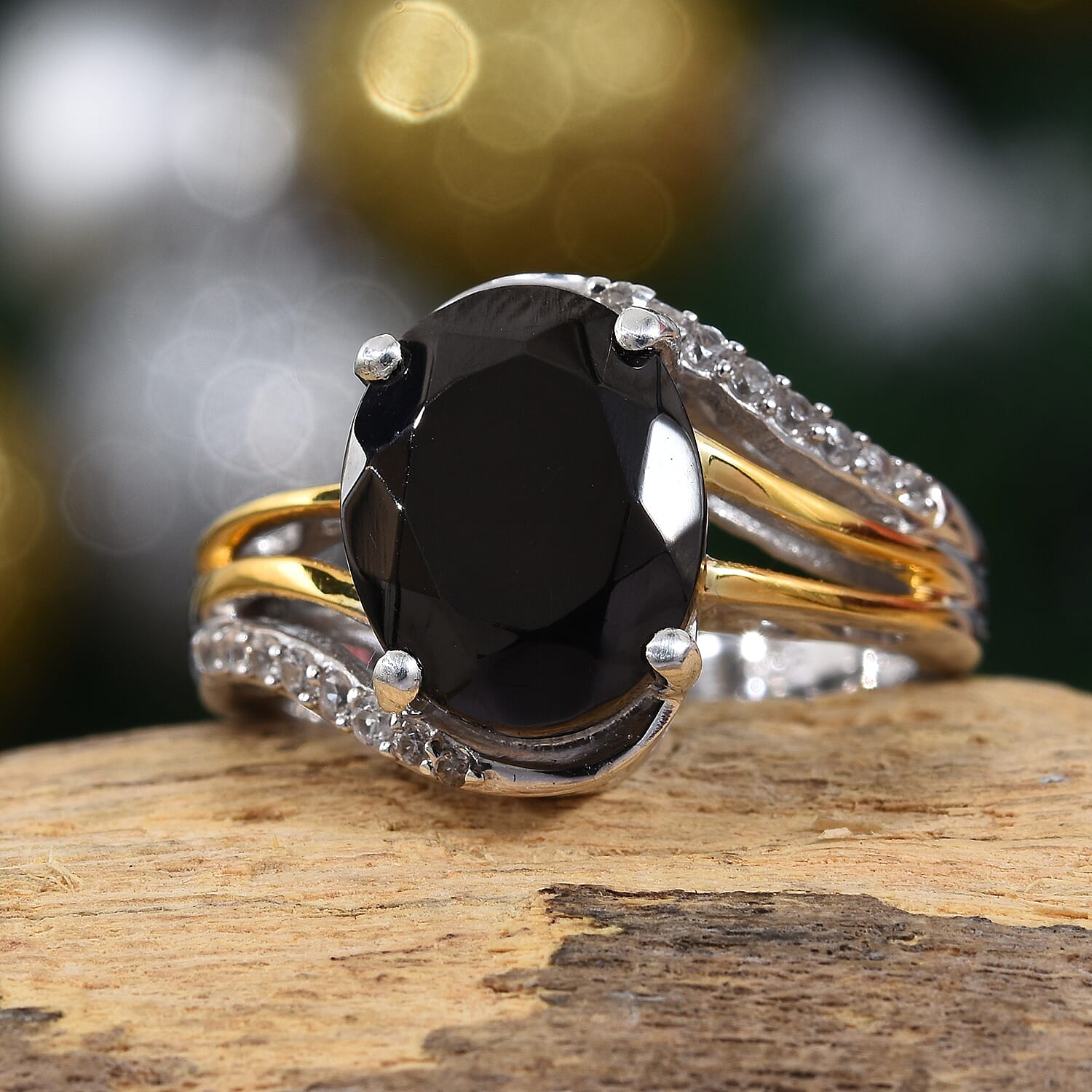 Elite Shungite (Ovl 11x9 mm), Natural Cambodian Zircon Ring in Platinum and Yellow Gold Overlay Sterling Silver 2.25 Ct.