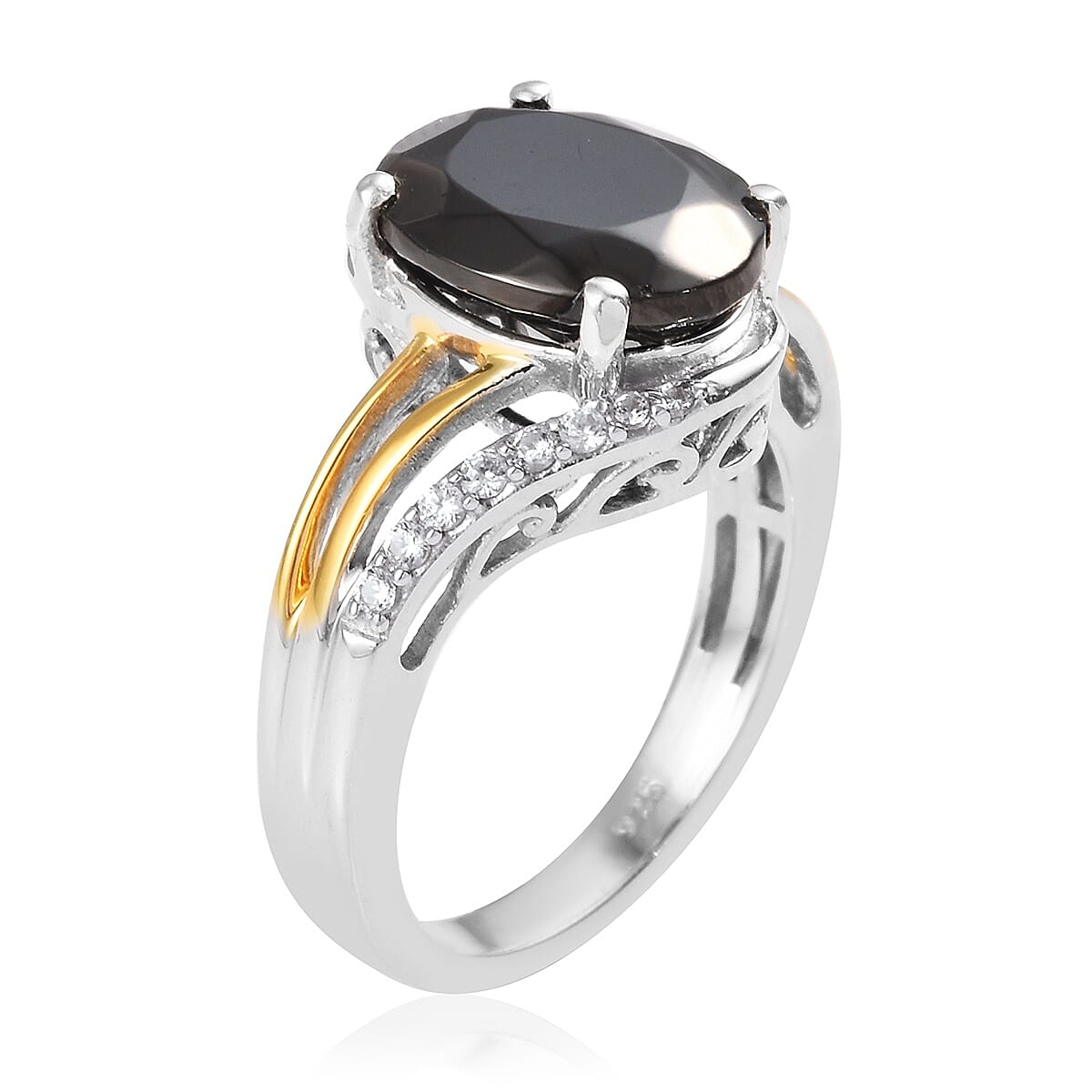 Elite Shungite (Ovl 11x9 mm), Natural Cambodian Zircon Ring in Platinum and Yellow Gold Overlay Sterling Silver 2.25 Ct.