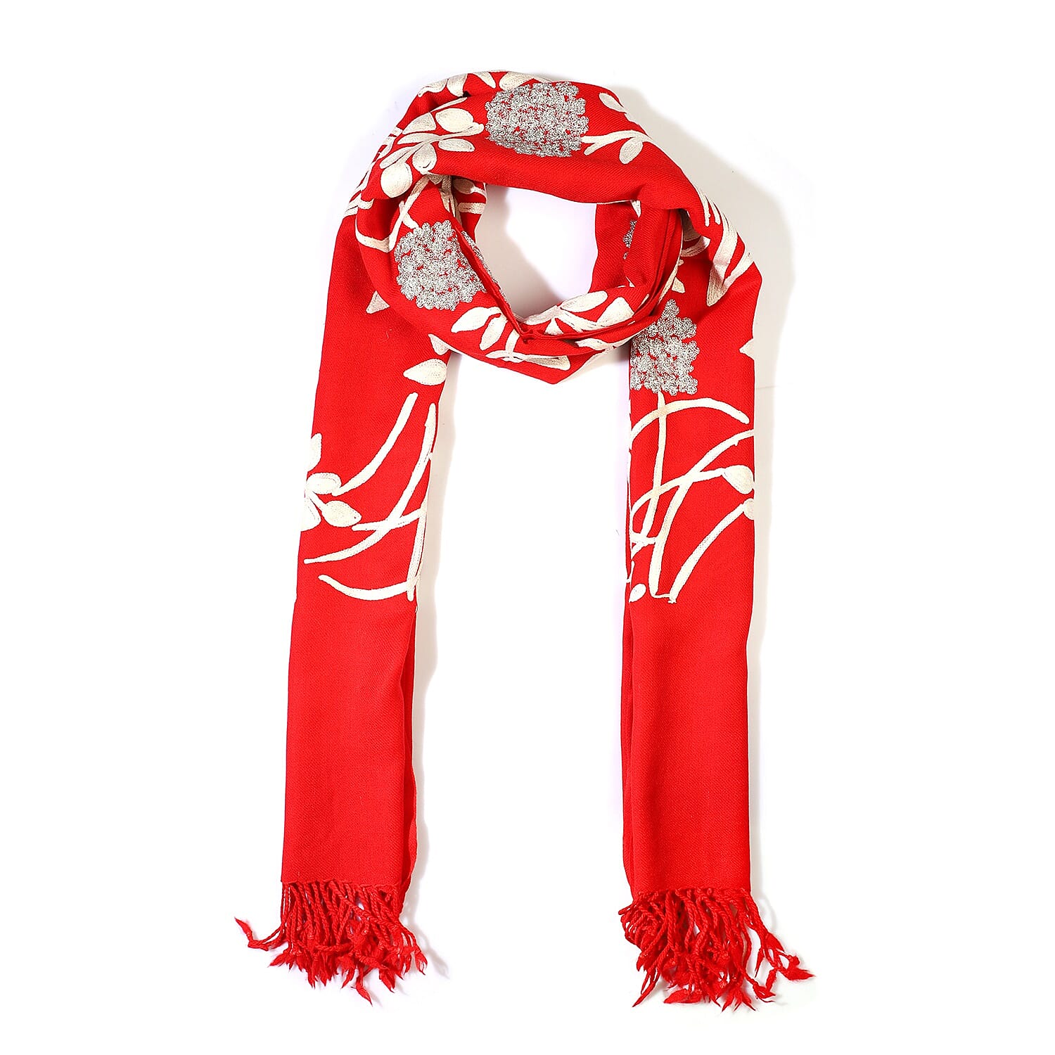 100% Merino Wool Kashmiri  Hand Embroidery (Wool and Silver Thread) Heavy Weight Scarf (Size 195x70 Cm) - Red - Upto 400 Gms