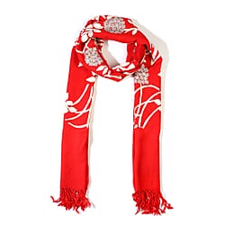 100% Merino Wool Kashmiri  Hand Embroidery (Wool and Silver Thread) Heavy Weight Scarf (Size 195x70 Cm) - Red - Upto 400 Gms