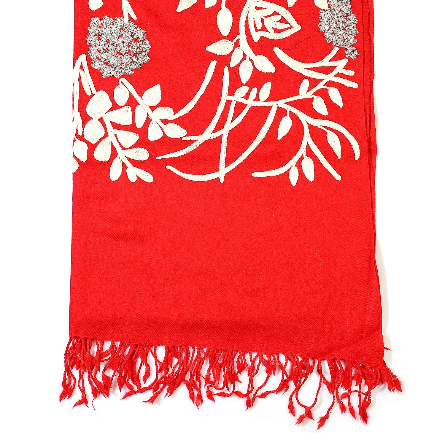 100% Merino Wool Kashmiri  Hand Embroidery (Wool and Silver Thread) Heavy Weight Scarf (Size 195x70 Cm) - Red - Upto 400 Gms