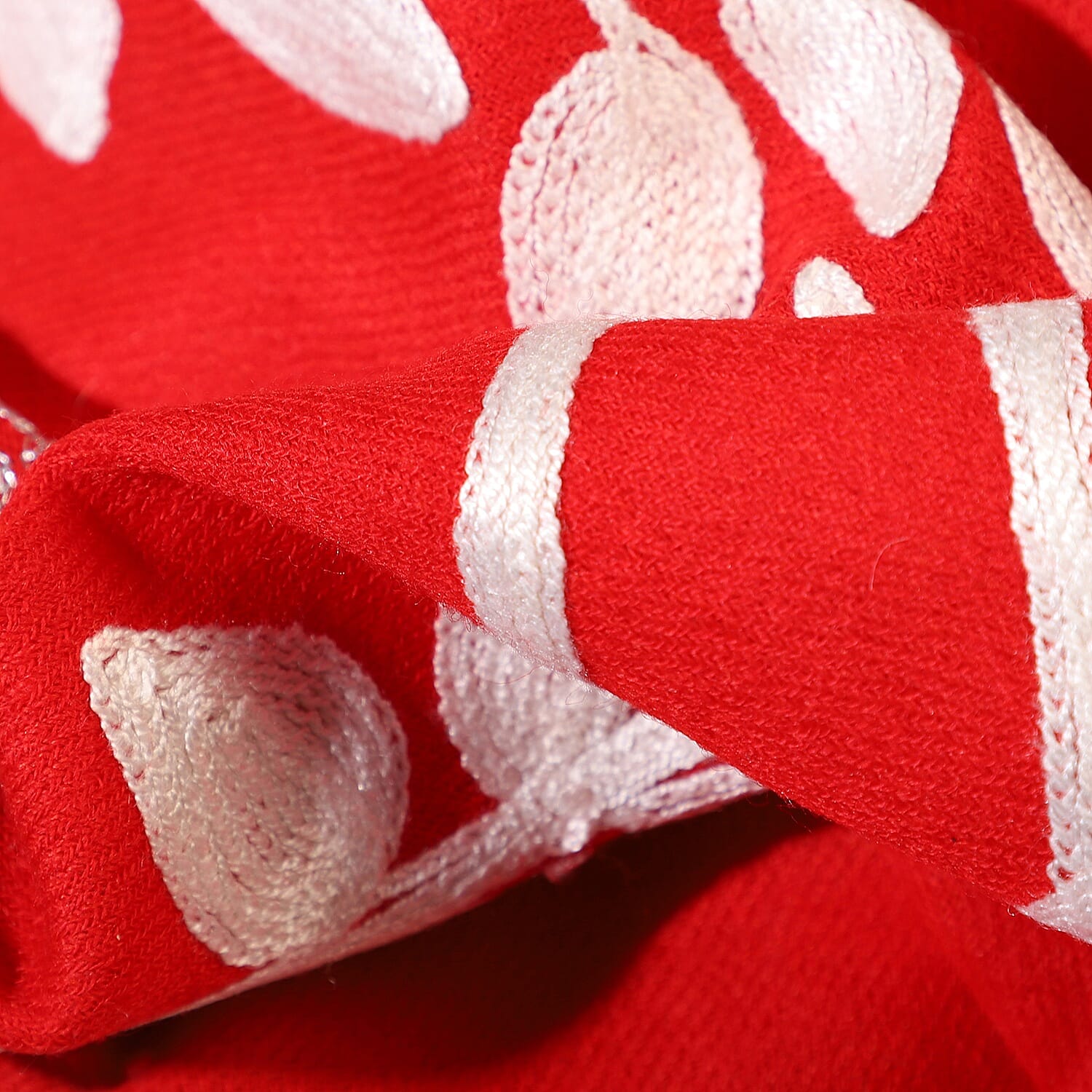 100% Merino Wool Kashmiri  Hand Embroidery (Wool and Silver Thread) Heavy Weight Scarf (Size 195x70 Cm) - Red - Upto 400 Gms