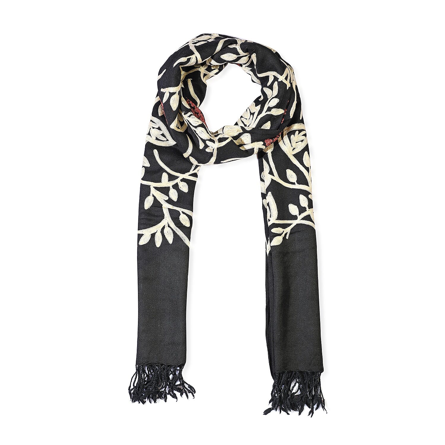 100% Merino Wool Kashmiri  Hand Embroidery (Wool and Rose Tone Thread) Heavy Weight Scarf (Size 195x70 Cm) Black & White - Upto 400 Gms