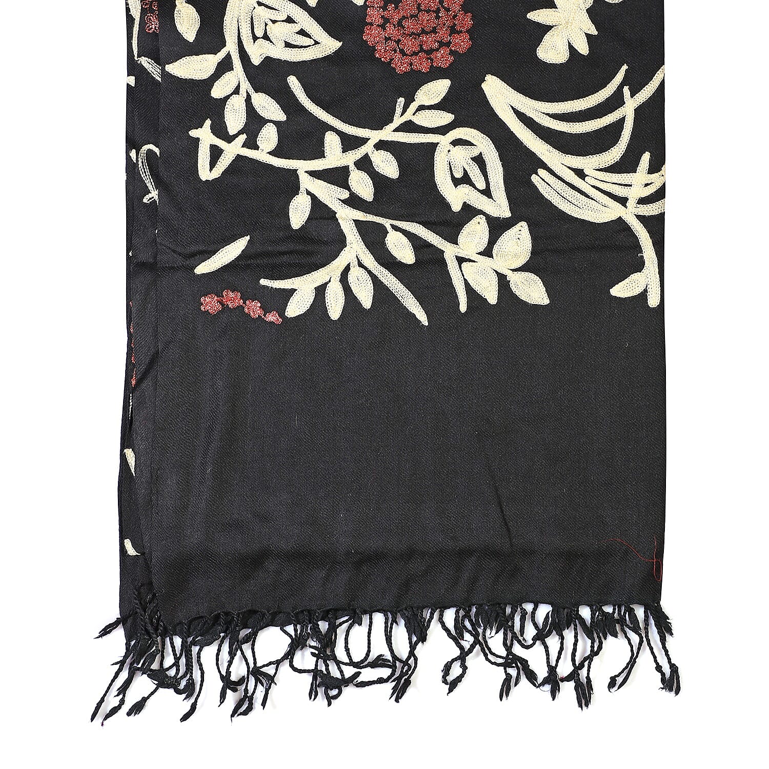 100% Merino Wool Kashmiri  Hand Embroidery (Wool and Rose Tone Thread) Heavy Weight Scarf (Size 195x70 Cm) Black & White - Upto 400 Gms