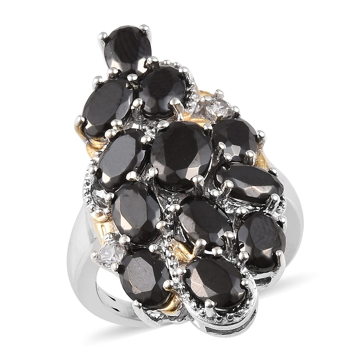 Elite Shungite (Ovl), Natural Cambodian Zircon Cluster Ring in Platinum and Yellow Gold Overlay Sterling Silver 3.50 Ct, Silver wt 5.10 Gms