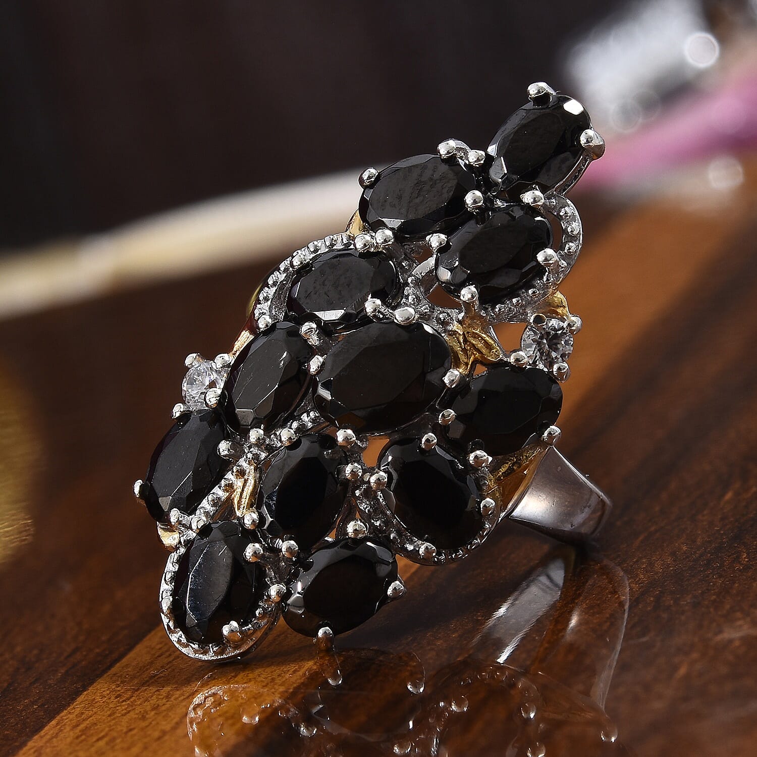 Elite Shungite (Ovl), Natural Cambodian Zircon Cluster Ring in Platinum and Yellow Gold Overlay Sterling Silver 3.50 Ct, Silver wt 5.10 Gms