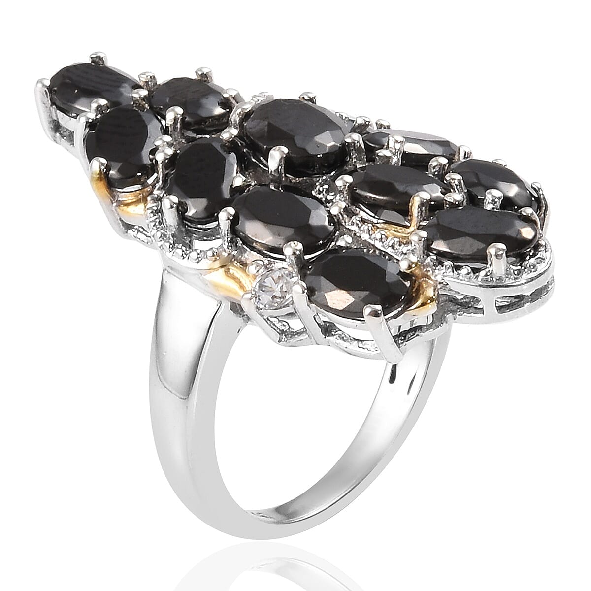 Elite Shungite (Ovl), Natural Cambodian Zircon Cluster Ring in Platinum and Yellow Gold Overlay Sterling Silver 3.50 Ct, Silver wt 5.10 Gms