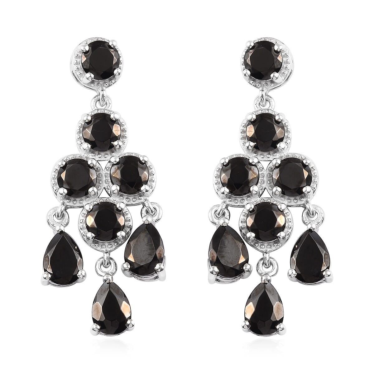 Elite Shungite (Rnd and Pear) Chandelier Earrings (with Push Back) in Platinum Overlay Sterling Silver 6.00 Ct, Silver wt 7.80 Gms