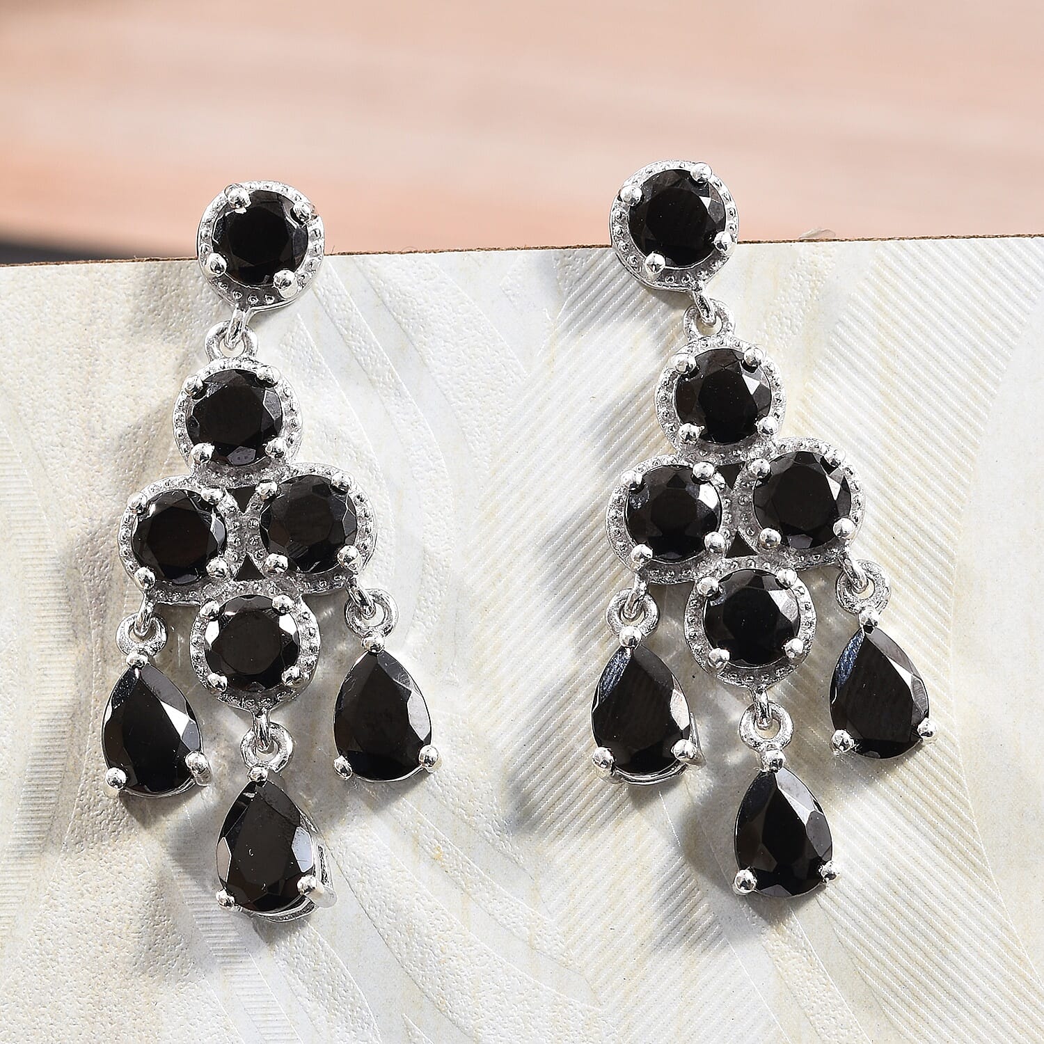 Elite Shungite (Rnd and Pear) Chandelier Earrings (with Push Back) in Platinum Overlay Sterling Silver 6.00 Ct, Silver wt 7.80 Gms