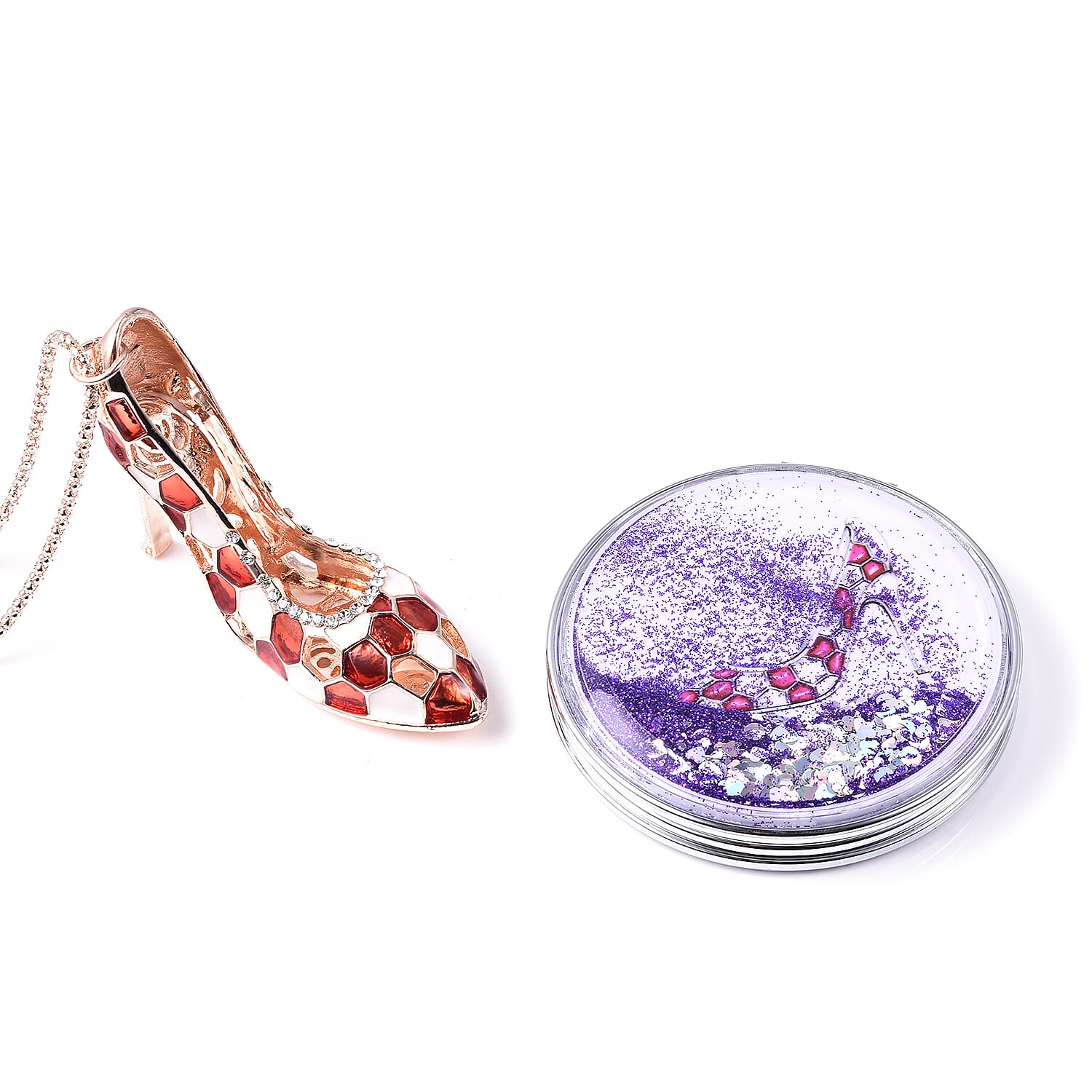Set of 2 - White Colour Austrian Enamelled Heel Sandal Pendant with Chain (Size 28 with 2 inch Extender) and Compact Mirror in Rose Gold Tone
