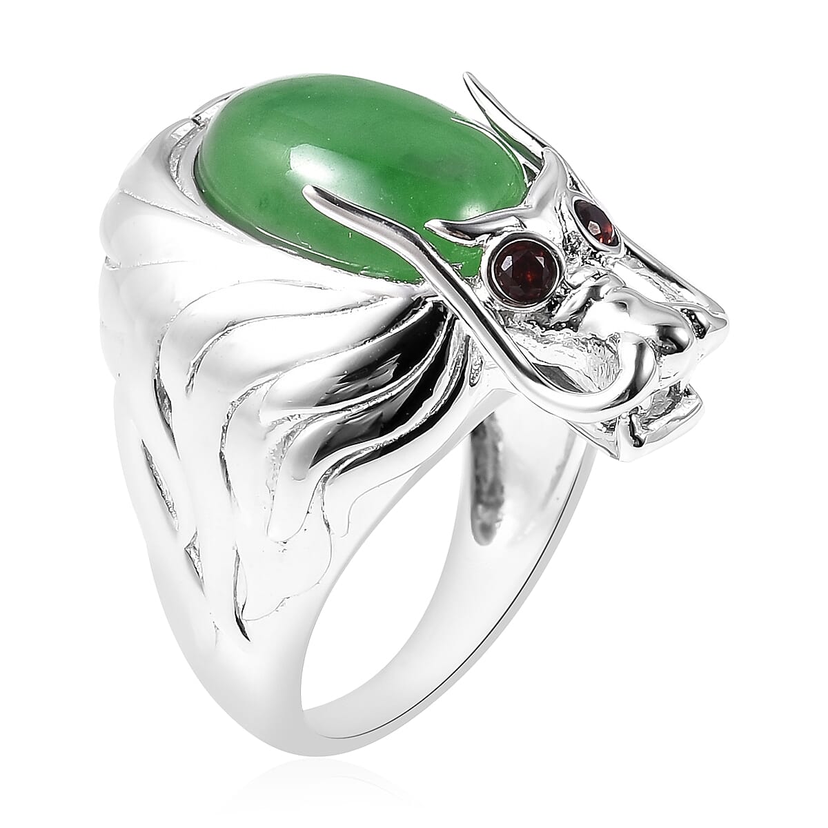 Green Jade (Ovl 14x10 mm), Mozambique Garnet Dragon Ring in Rhodium Overlay Sterling Silver 7.10 Ct, Silver wt 9.93 Gms