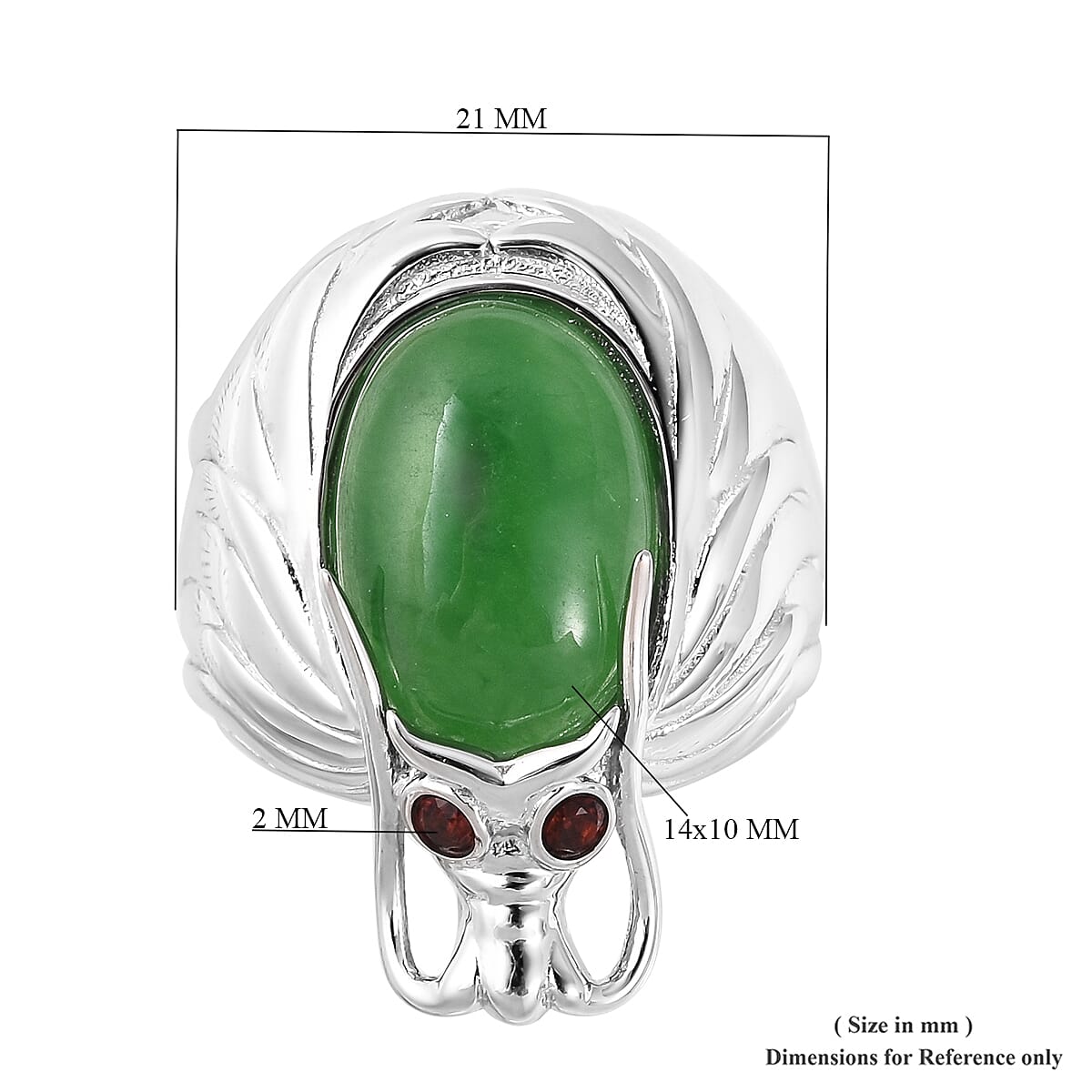 Green Jade (Ovl 14x10 mm), Mozambique Garnet Dragon Ring in Rhodium Overlay Sterling Silver 7.10 Ct, Silver wt 9.93 Gms