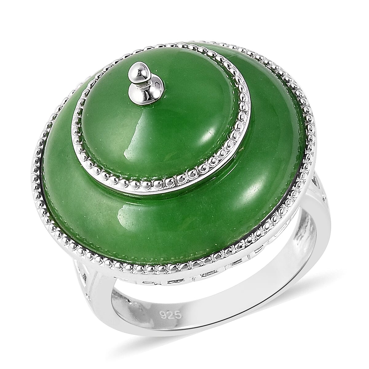 Green Jade Ring in Rhodium Overlay Sterling Silver 17.00 Ct, Silver wt 8.12 Gms