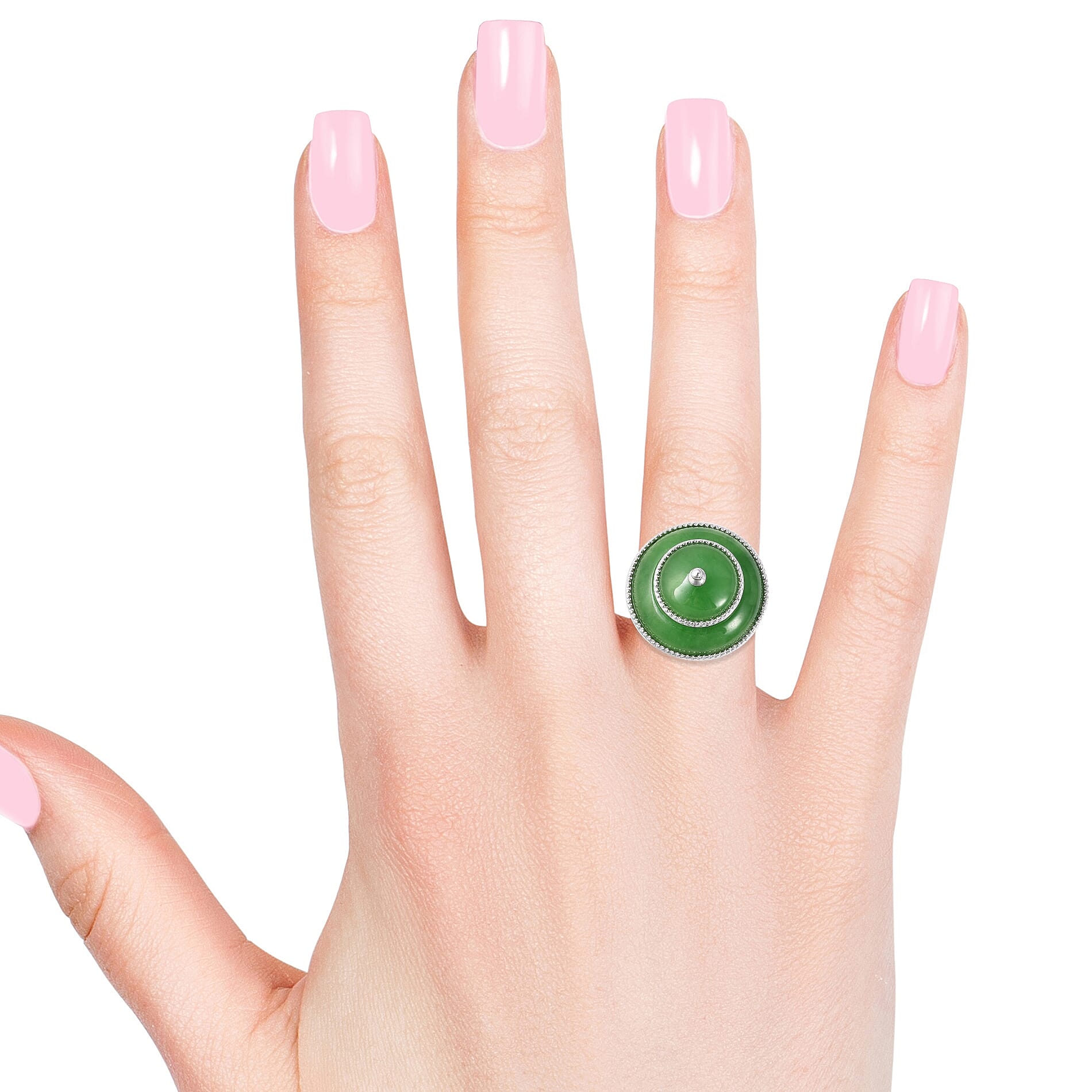 Green Jade Ring in Rhodium Overlay Sterling Silver 17.00 Ct, Silver wt 8.12 Gms