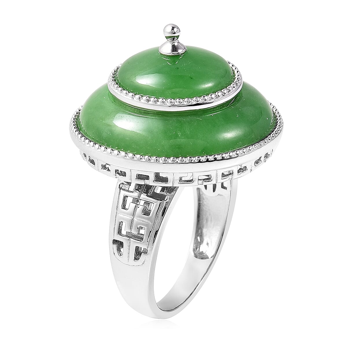 Green Jade Ring in Rhodium Overlay Sterling Silver 17.00 Ct, Silver wt 8.12 Gms