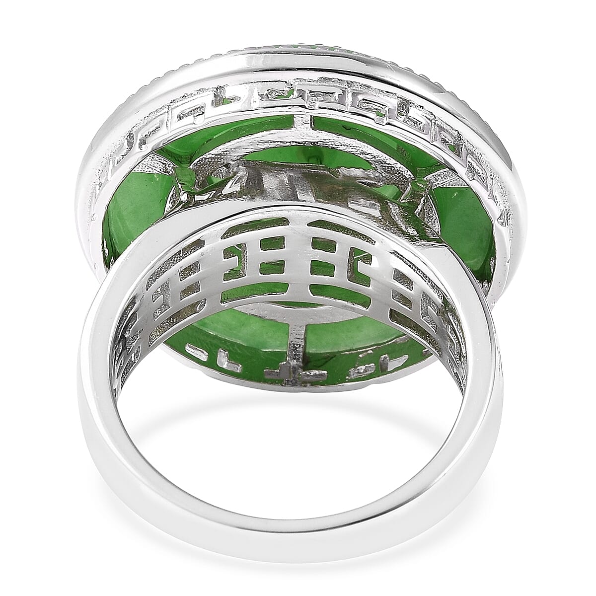 Green Jade Ring in Rhodium Overlay Sterling Silver 17.00 Ct, Silver wt 8.12 Gms