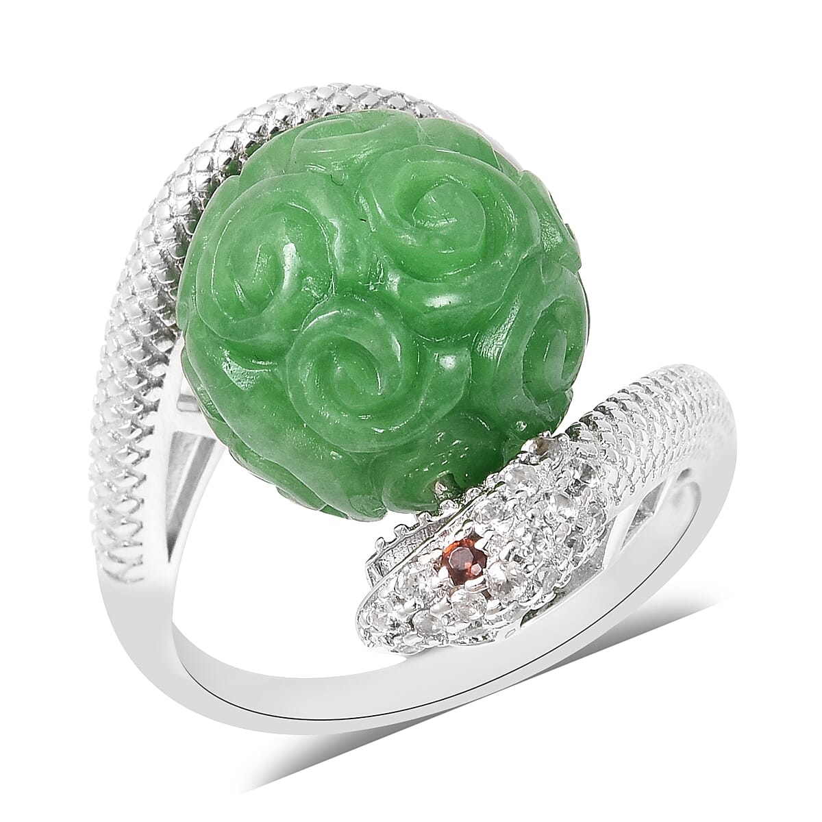 AAA Carved Green Jade, Natural Cambodian Zircon and Mozambique Garnet Fortune Ball Snake Ring in Rhodium Overlay Sterling Silver 22.13 Ct, Silver wt 5.13 Gms