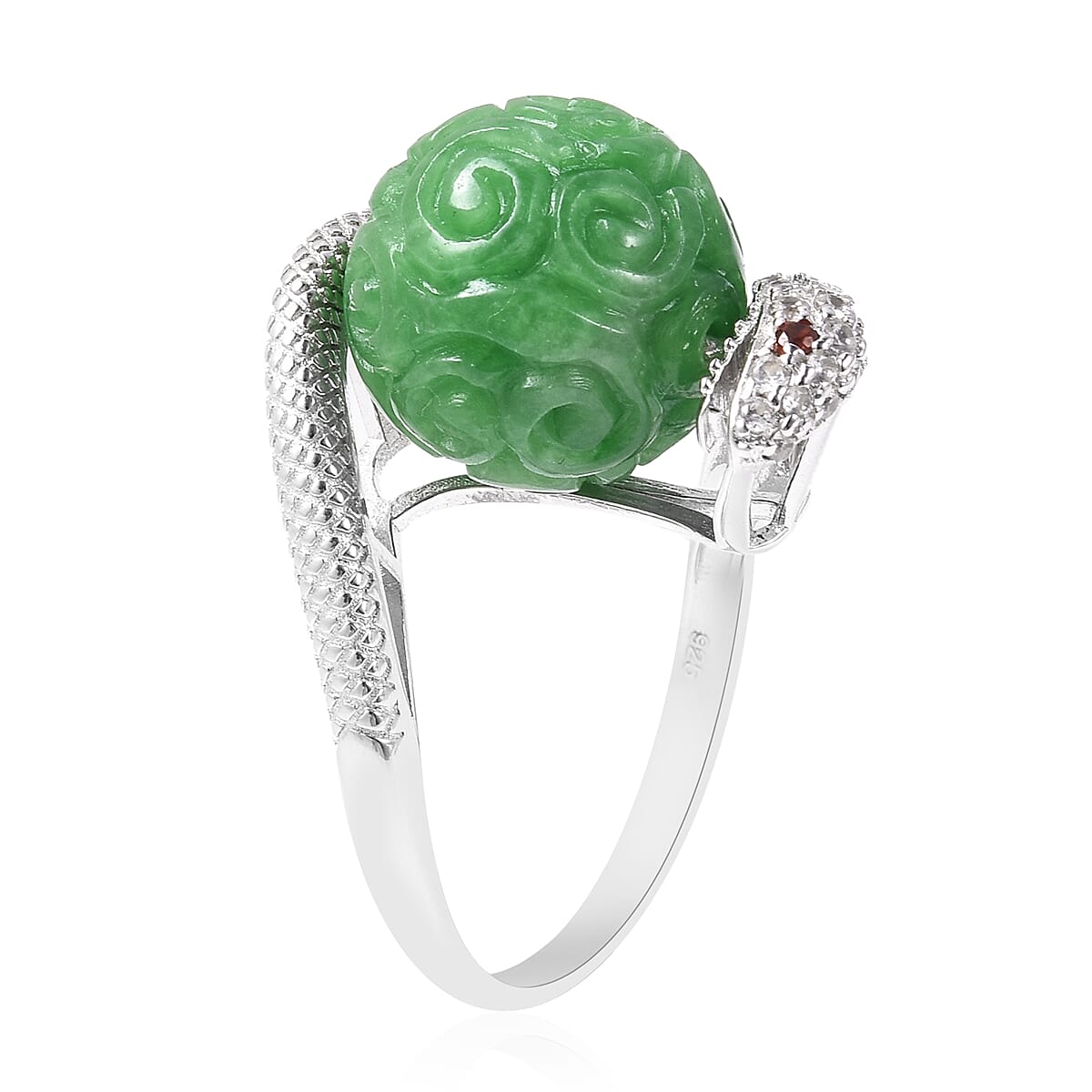 AAA Carved Green Jade, Natural Cambodian Zircon and Mozambique Garnet Fortune Ball Snake Ring in Rhodium Overlay Sterling Silver 22.13 Ct, Silver wt 5.13 Gms