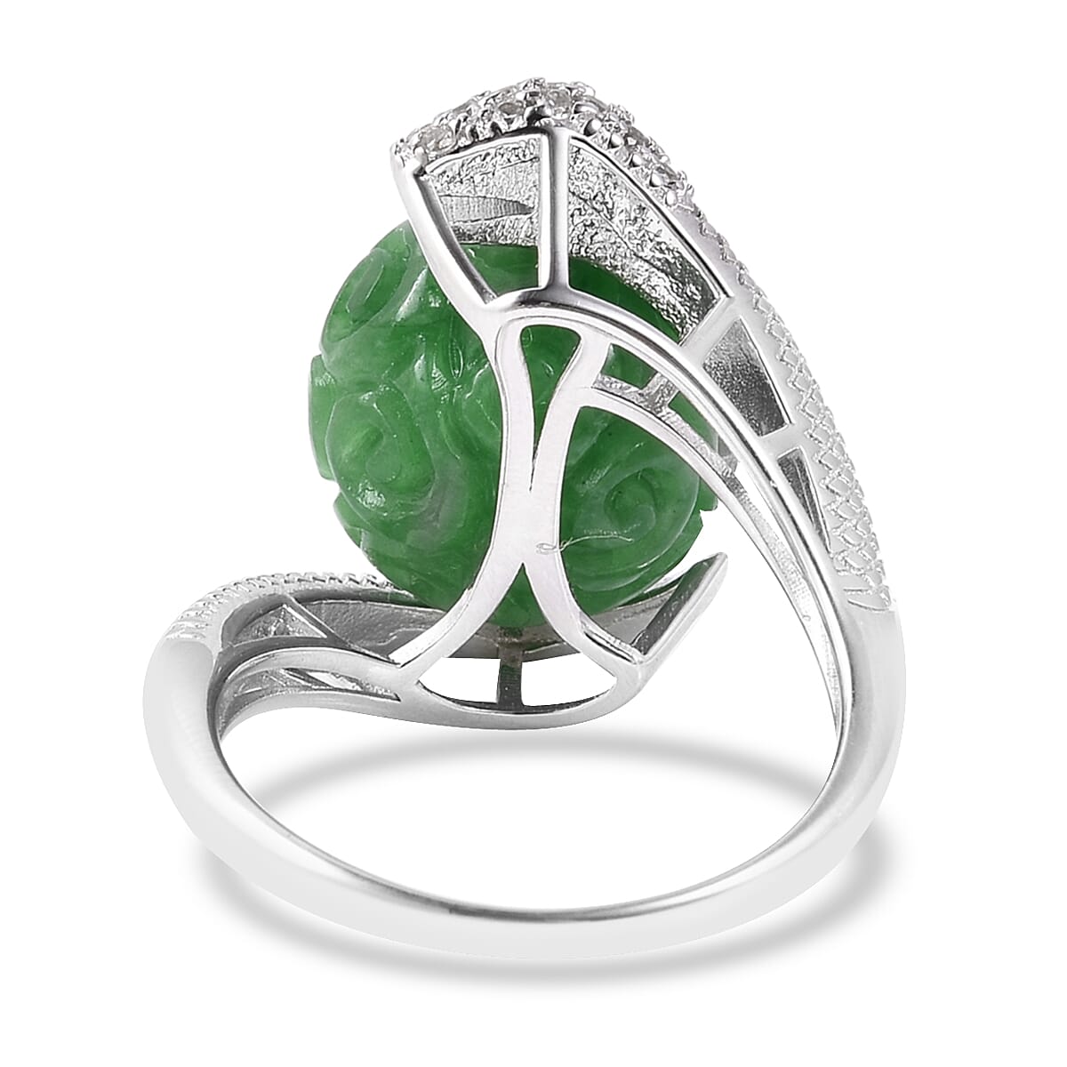 AAA Carved Green Jade, Natural Cambodian Zircon and Mozambique Garnet Fortune Ball Snake Ring in Rhodium Overlay Sterling Silver 22.13 Ct, Silver wt 5.13 Gms